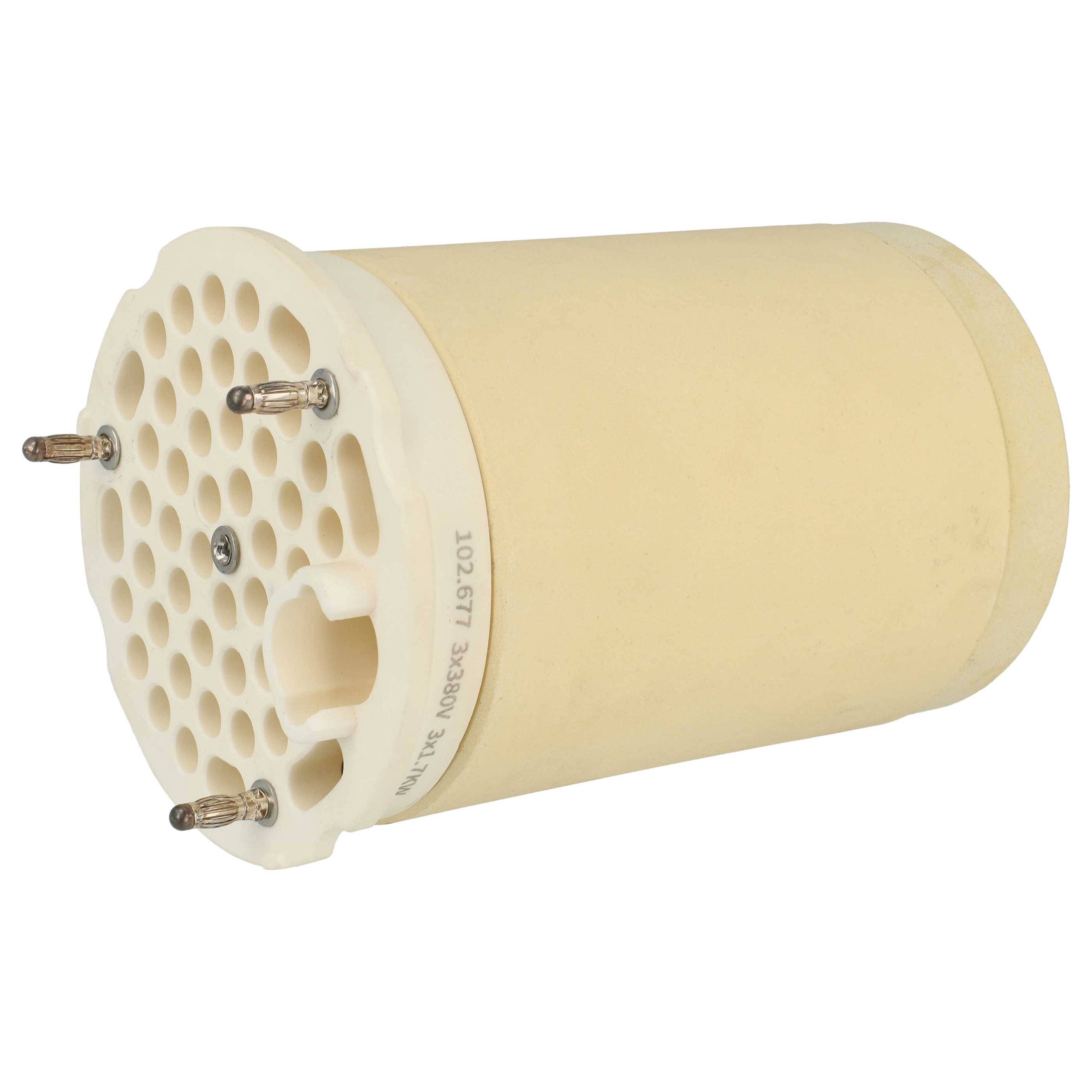 Eine zylindrische, beige Filtrationsmembrane-Kartusche mit mehreren kreisförmigen Öffnungen, Metallstangen und sichtbarer Modellnummer.