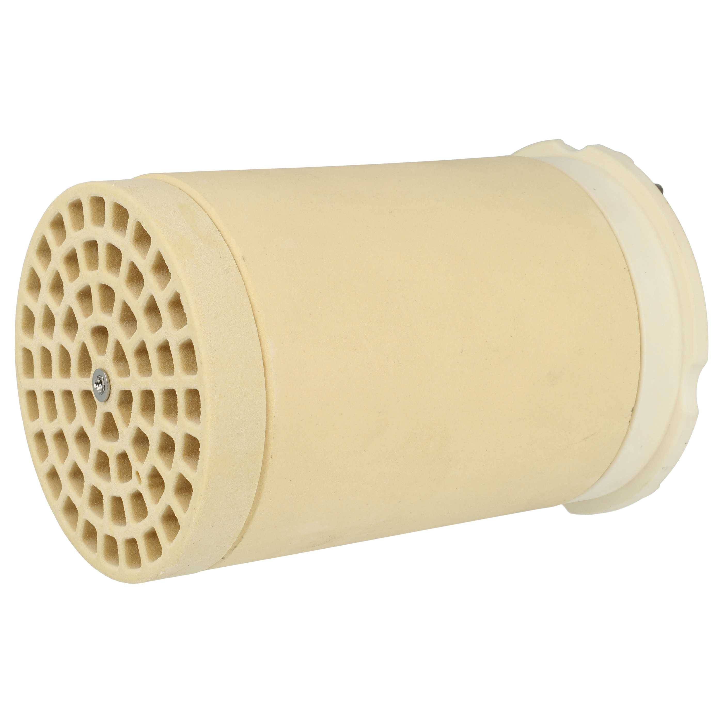 Eine beige zylindrische Filterpatrone mit einem gitterartigen Endmuster, die zur Wasserreinigung in Filtrationsanlagen verwendet wird.