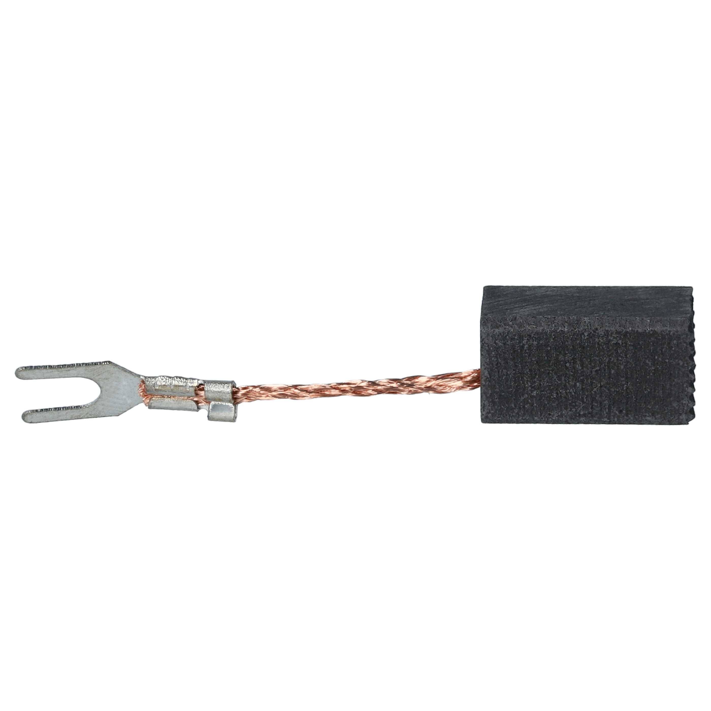 Eine Kohlebürste mit einem befestigten Metallstecker, der mit einem geflochtenen Kupferdraht verbunden ist, wird in Elektromotoren verwendet, um Strom zwischen stationären Drähten und rotierenden Teilen zu leiten.