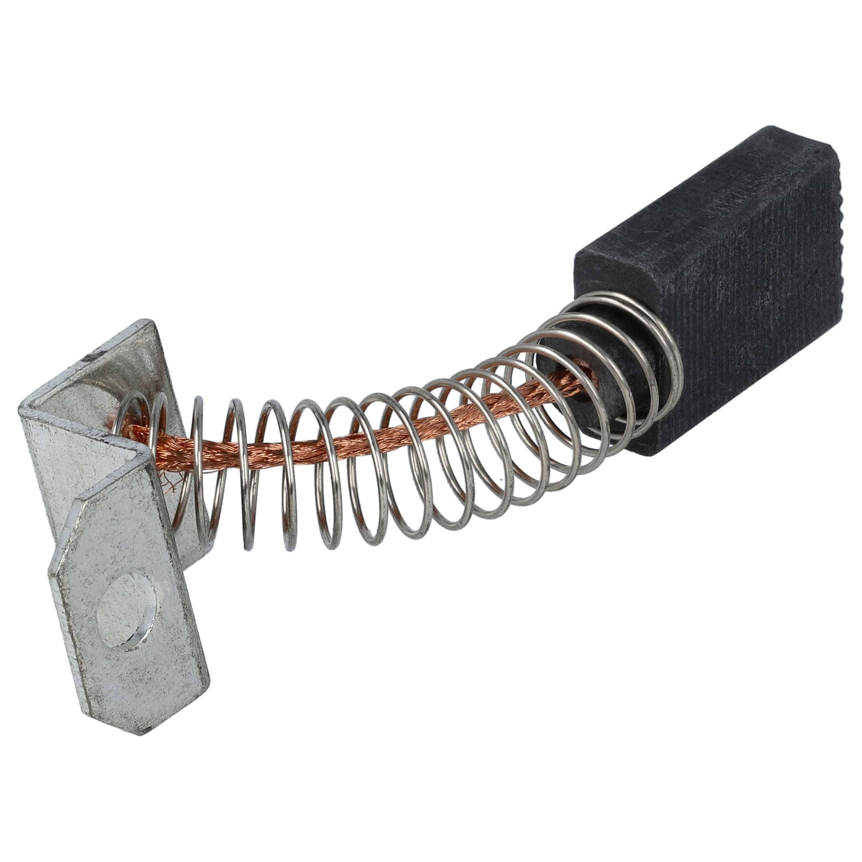 Eine Kohlebürste mit einer gewundenen Metallfeder, die in Elektromotoren zum Stromleiten verwendet wird, befestigt an einer Metallplatte.