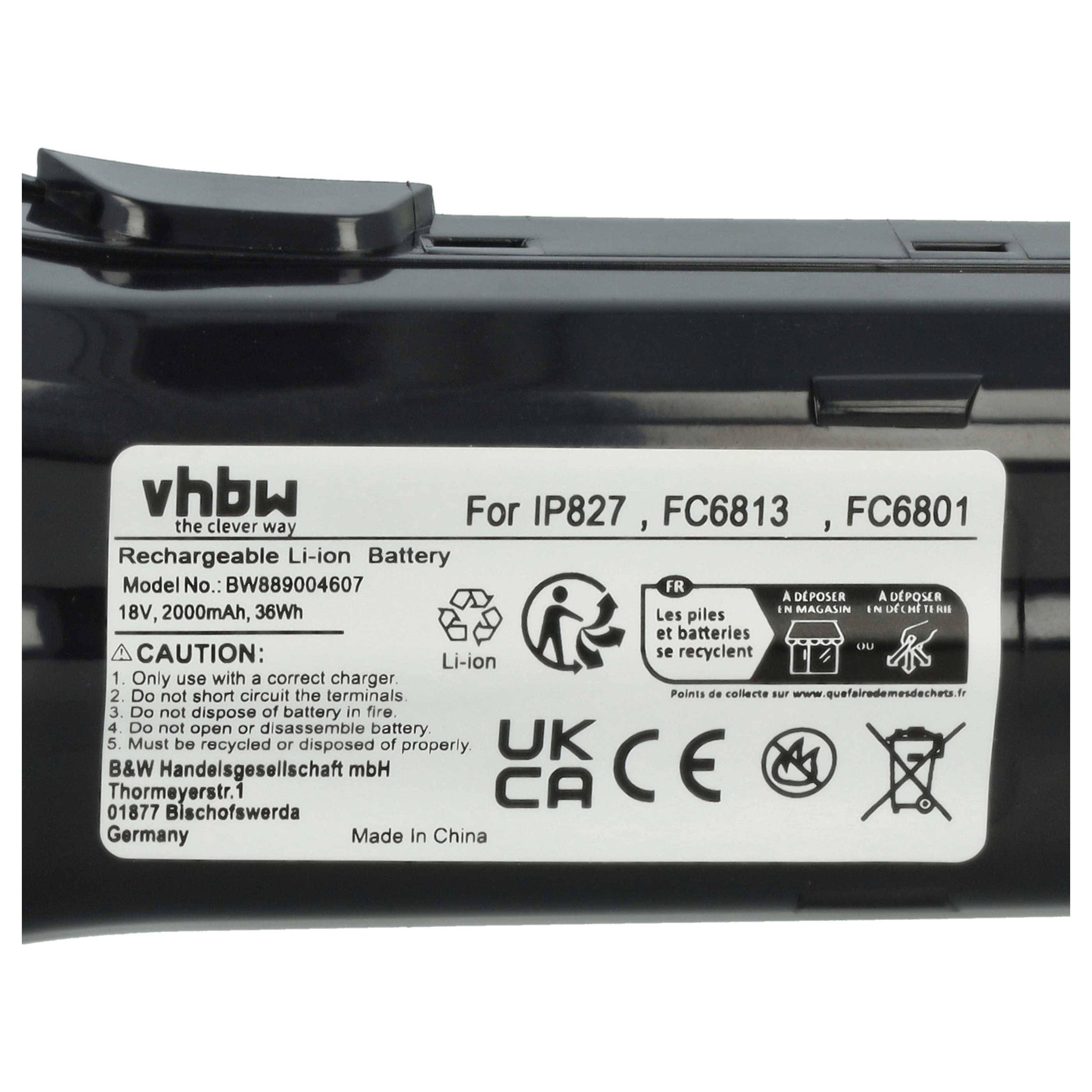 vhbw Akku kompatibel mit Philips FC6814, FC6813, FC6812/82, FC6812/81, FC6908, FC6813/01 Staubsauger Schwarz (2000 mAh, 18 V, Li-Ion)