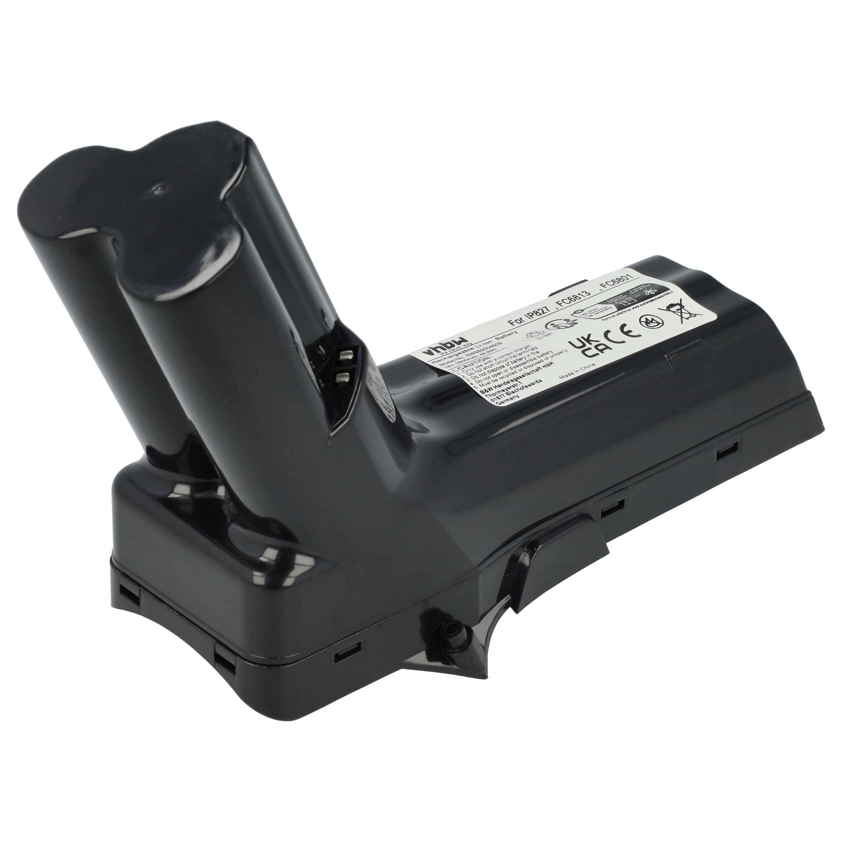 Schwarzer Staubsaugerbatterie mit Etikett, das Modellnummer, Spannung und Sicherheitszertifizierungen anzeigt.