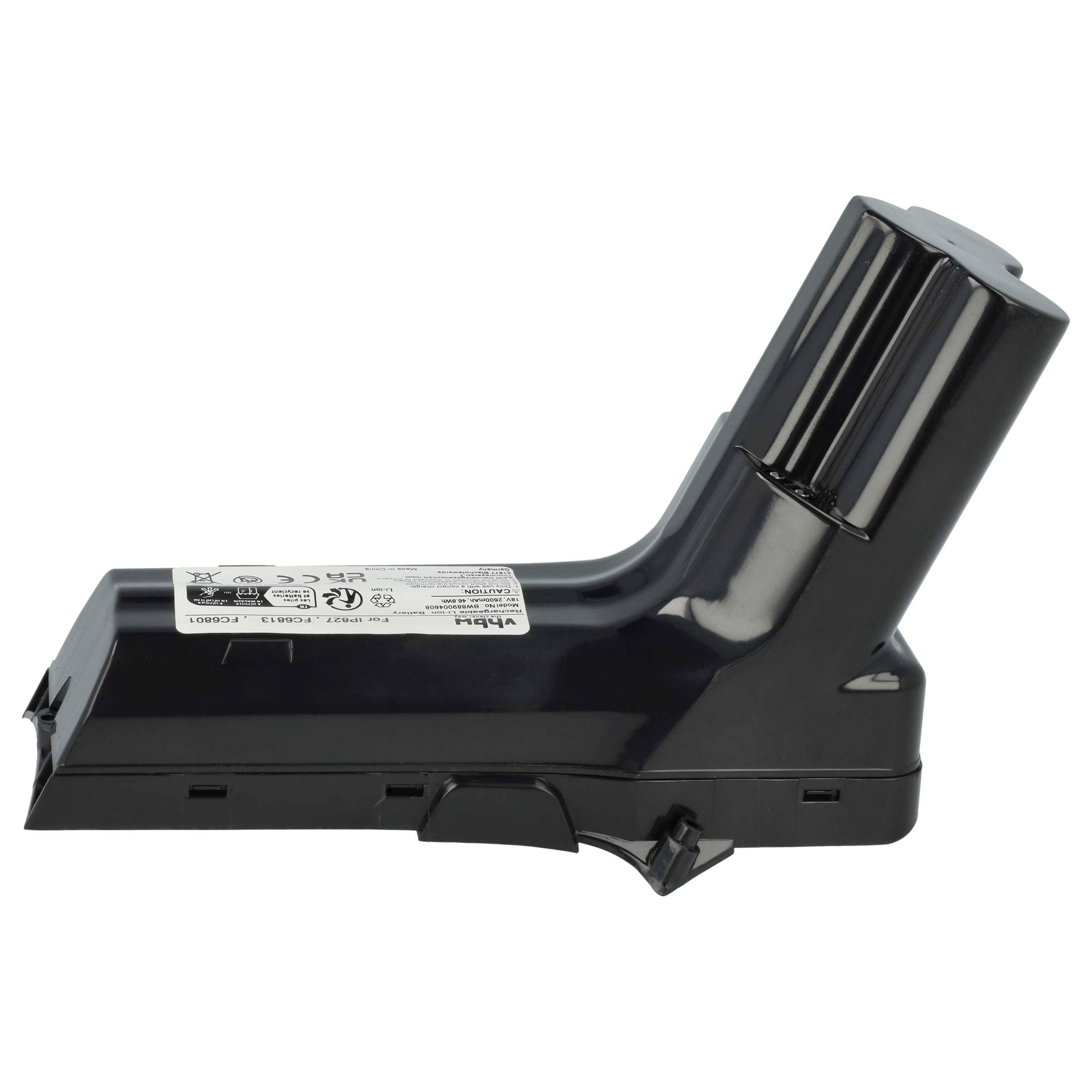 Ein schwarzer Staubsaugerbatteriepack mit geschwungener Form, mit Etiketten mit technischen Daten auf seiner Oberfläche.