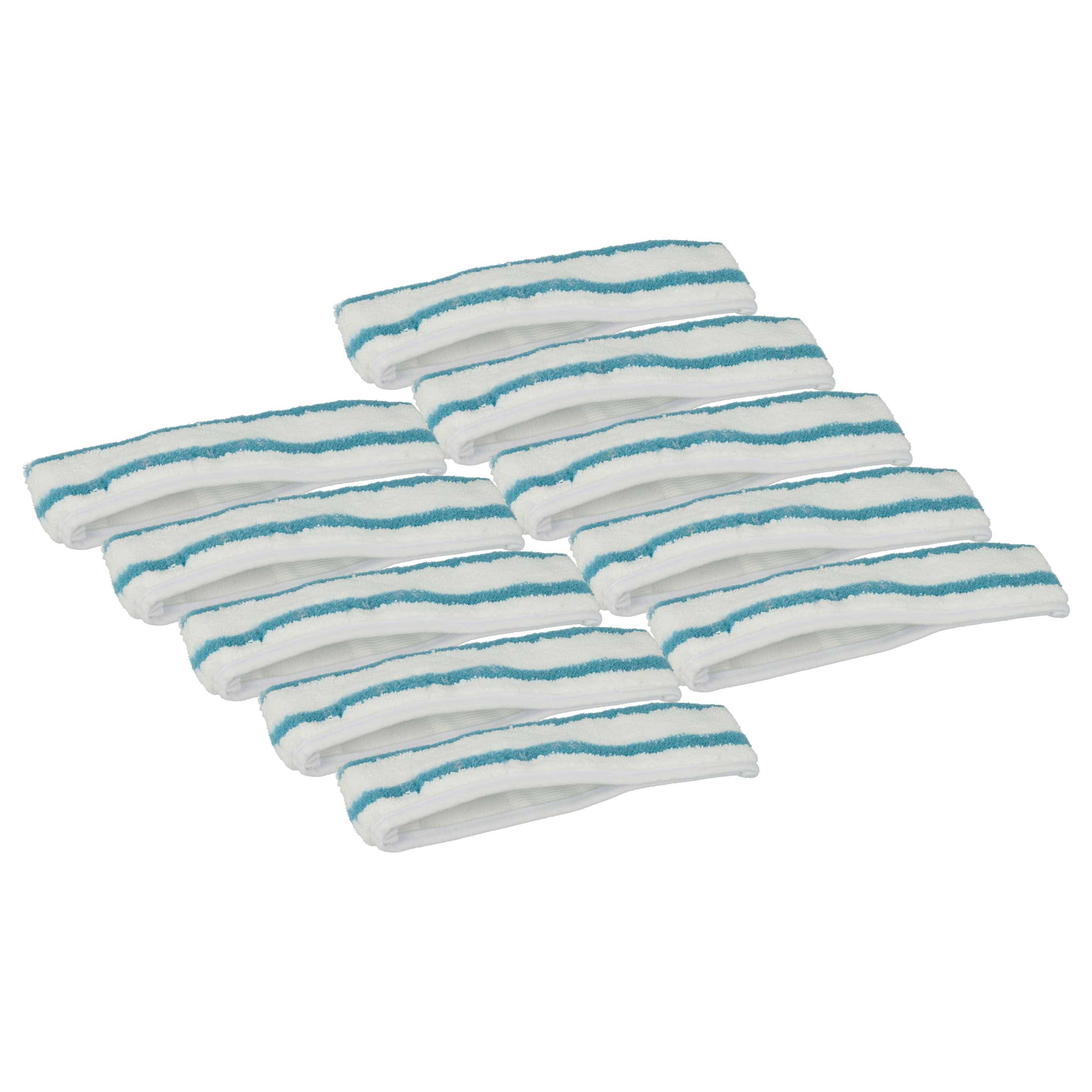 Acht weiße und türkise Mopp-Pads in einem Gitter angeordnet.