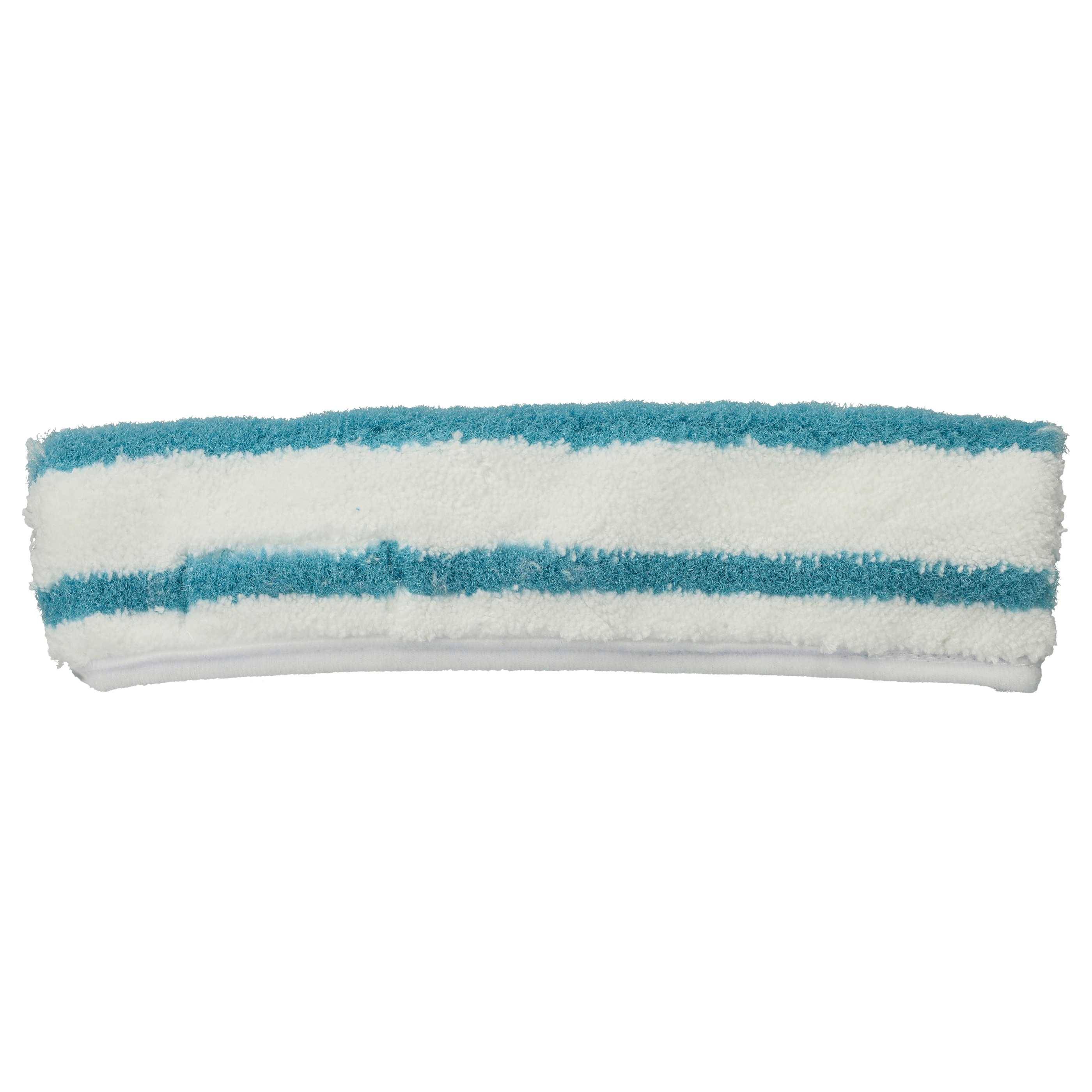 Ein weiß und blau gestreiftes Mikrofaser-Reinigungstuch, das zur Befestigung an einem Bodenwischer zum Reinigen von Oberflächen konzipiert ist.