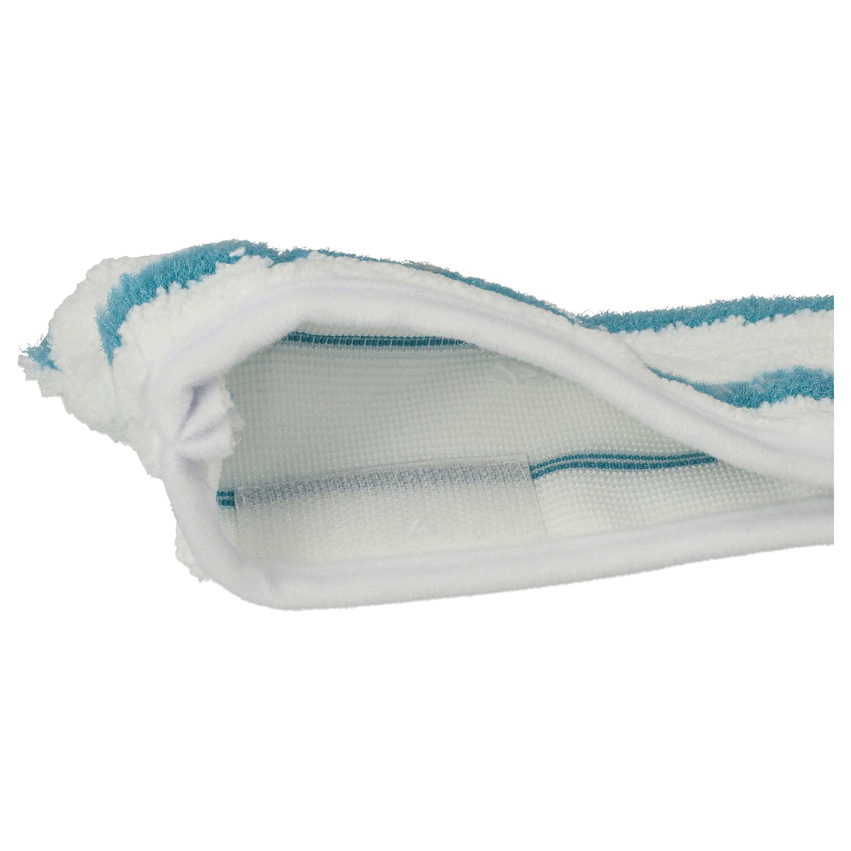 Ein weiß und blaugrün gefärbter Reinigungsmopkopf mit strukturierter Oberfläche, in Nahaufnahme dargestellt, um die Stoff- und Nahtdetails hervorzuheben.