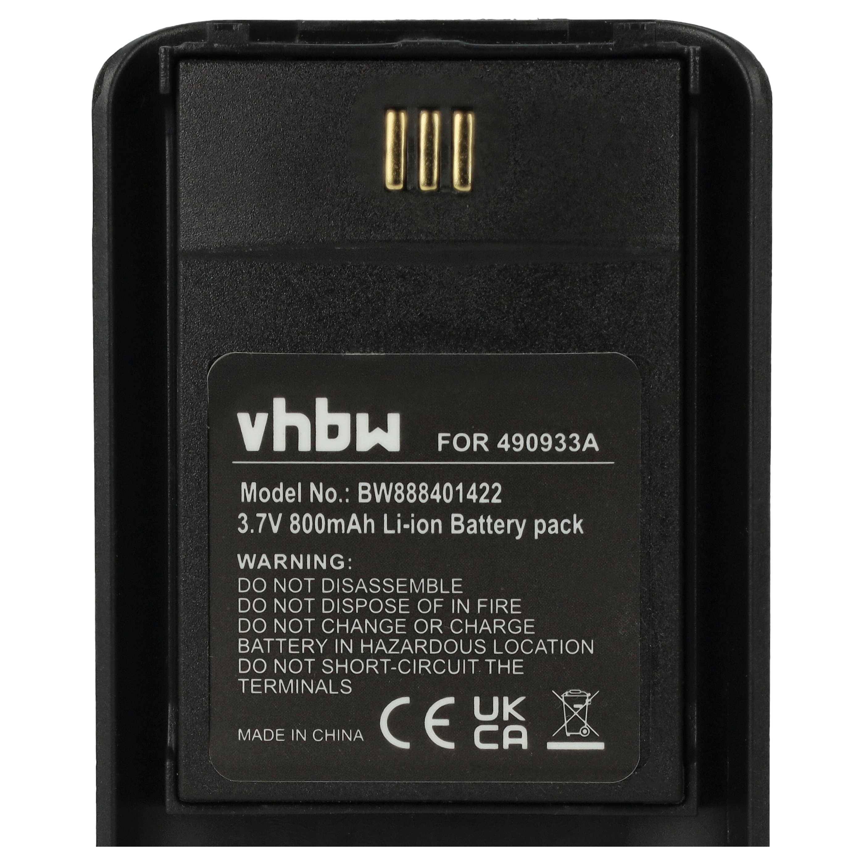 vhbw Akku für 490933A, Modell Nr. BW888401422, 3,7V 800mAh Li-Ionen. Warnung: Nicht auseinandernehmen, nicht ins Feuer werfen oder kurzschließen.