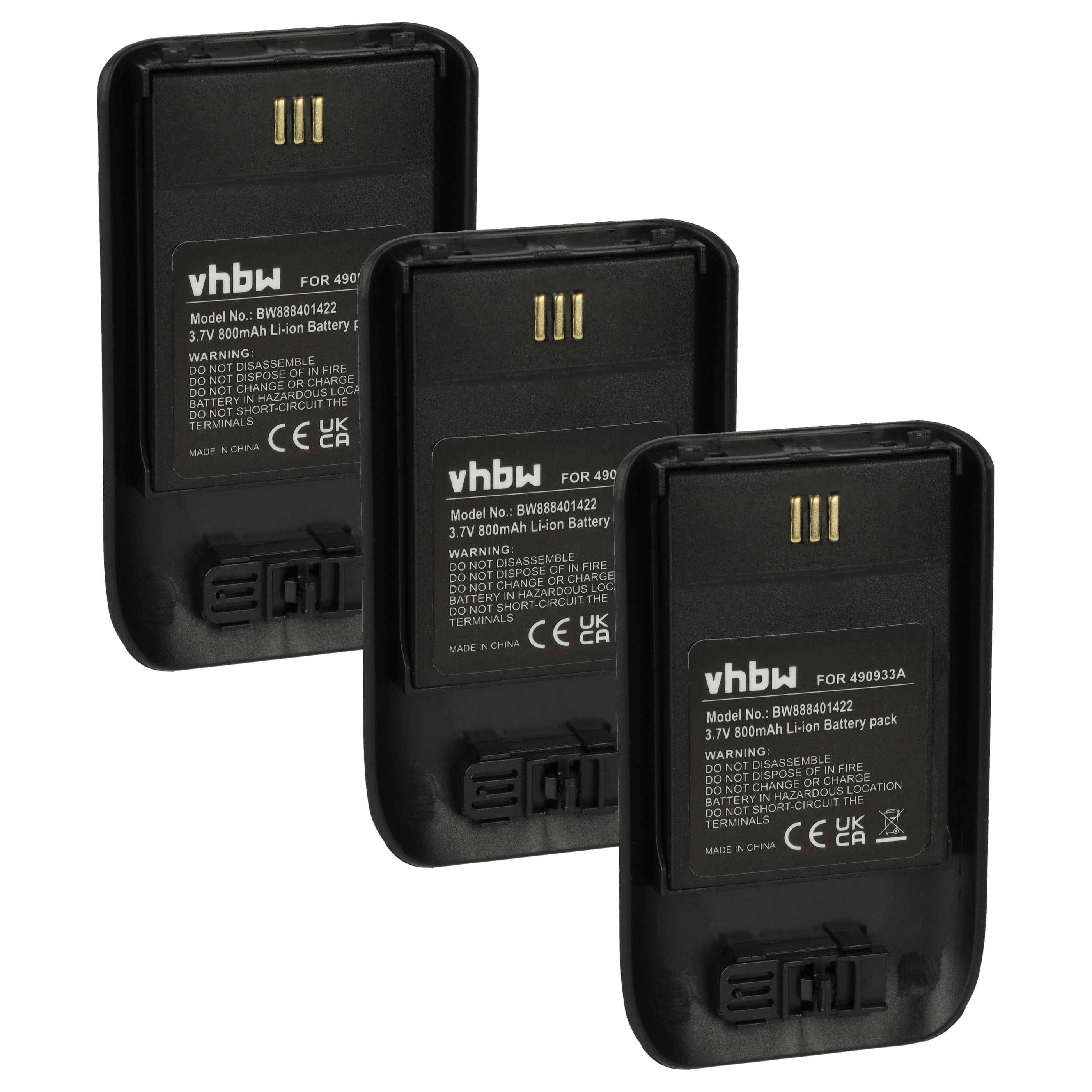 Drei schwarze wiederaufladbare vhbw Lithium-Ionen-Akkupacks, die sich auf weißem Hintergrund überlappend darstellen.