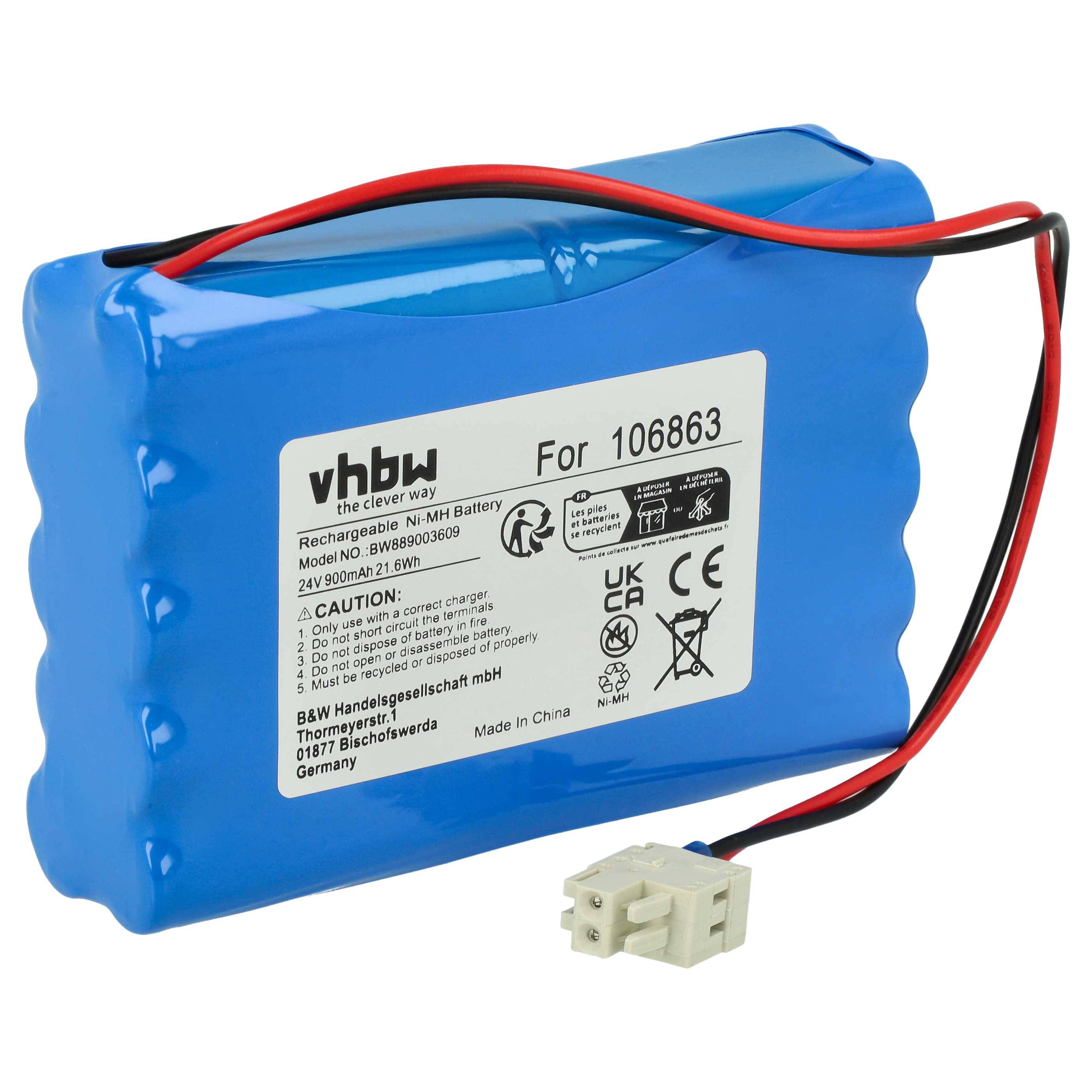 Ein blauer wiederaufladbarer Ni-MH-Akkupack mit einem Etikett, auf dem das Modell '106863' steht, 7,2V 3000mAh, zwei rot-schwarze Kabel und einen weißen Stecker.