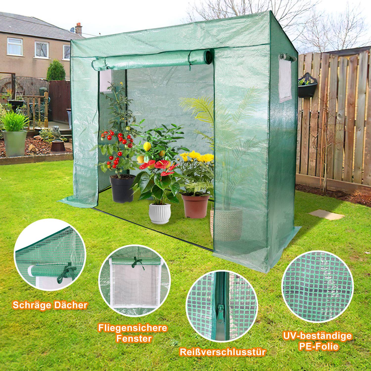 Foliengewächshaus Gewächshaus für Tomaten 200 x 80 x 173/143cm (LxBxH) , mit Gitternetzfolie und Fernster für Garten zur Aufzucht, Schrägdach, Gr