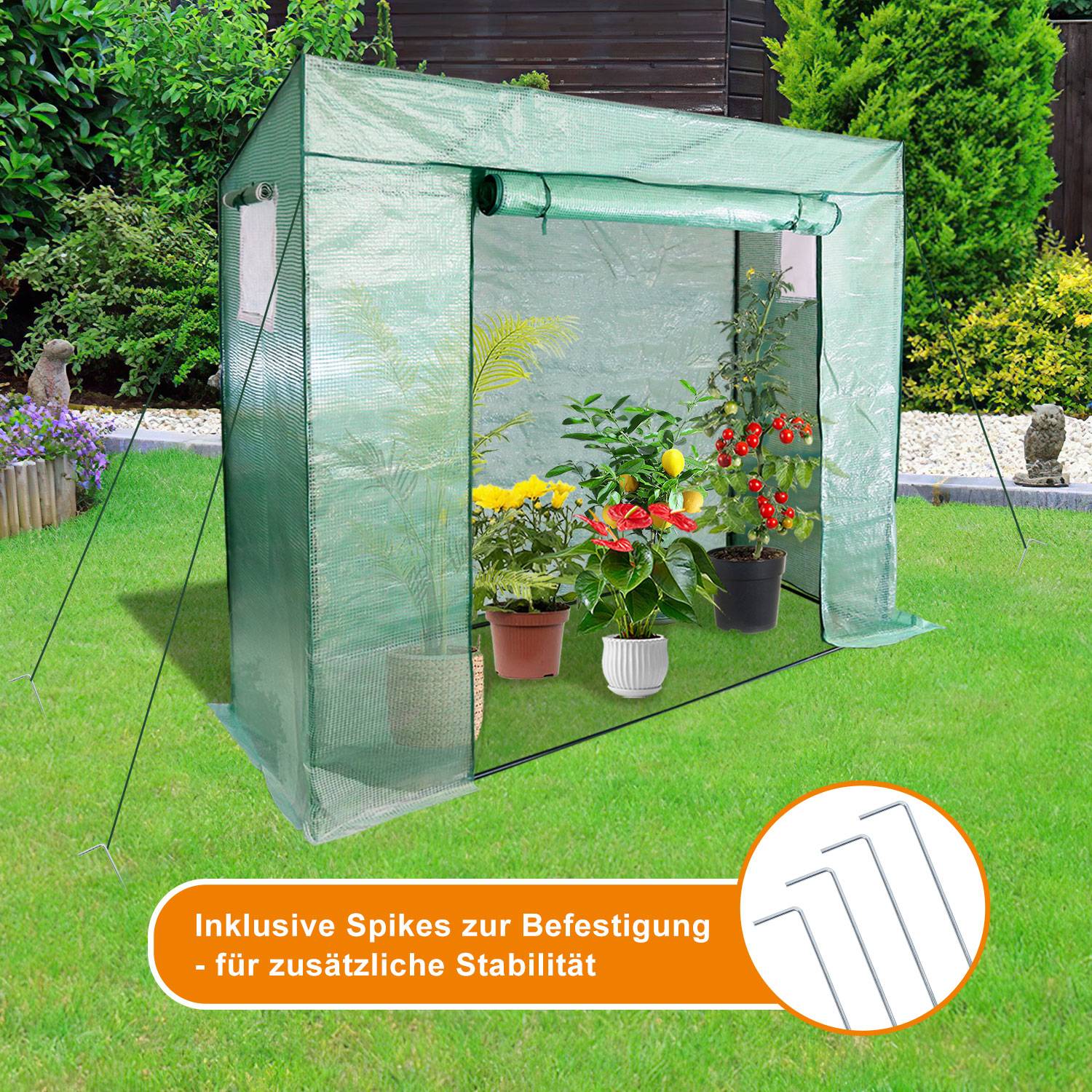 Foliengewächshaus Gewächshaus für Tomaten 200 x 80 x 173/143cm (LxBxH) , mit Gitternetzfolie und Fernster für Garten zur Aufzucht, Schrägdach, Gr