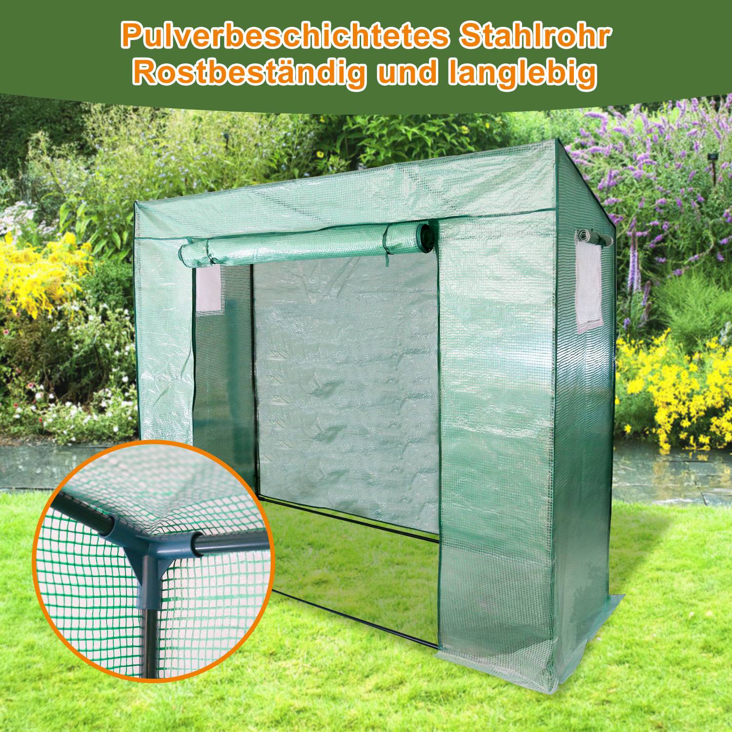 Foliengewächshaus Gewächshaus für Tomaten 200 x 80 x 173/143cm (LxBxH) , mit Gitternetzfolie und Fernster für Garten zur Aufzucht, Schrägdach, Gr