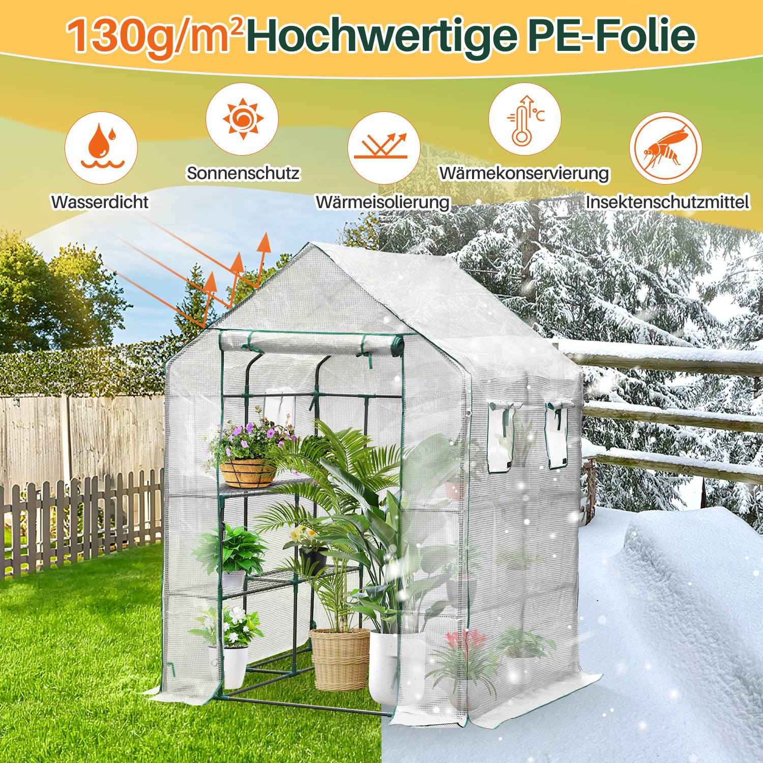 Foliengewächshaus Gewächshaus für Tomaten, mit Gitternetzfolie für Garten zur Aufzucht, spitzdach, weiß, 143x143x195 cm (LxBxH) Mehrweg