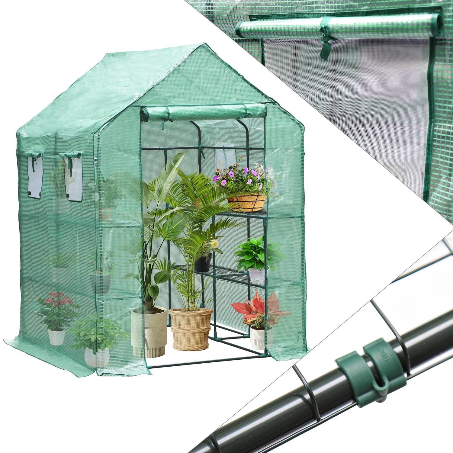 Foliengewächshaus Gewächshaus für Tomaten, mit Gitternetzfolie für Garten zur Aufzucht, spitzdach, Grün, 143x143x195 cm (LxBxH) Mehrweg