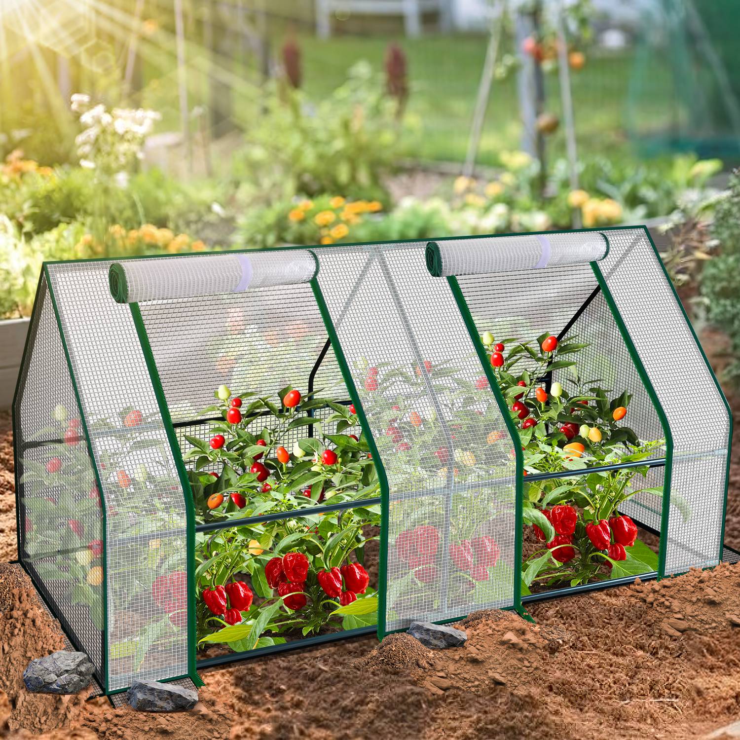 Mini Gewächshaus 180x90x90cm Foliengewächshaus für draußen Treibhaus mit Reißverschluss und 2 Fenstern Gitternetzfolie weiß