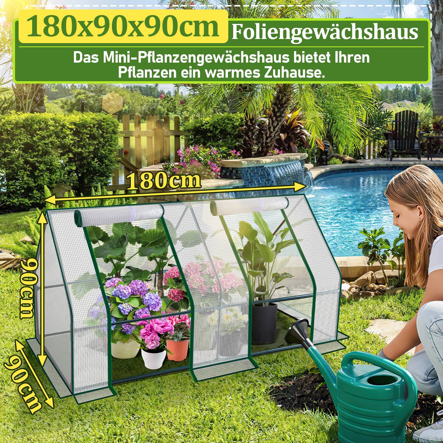 Mini Gewächshaus 180x90x90cm Foliengewächshaus für draußen Treibhaus mit Reißverschluss und 2 Fenstern Gitternetzfolie weiß