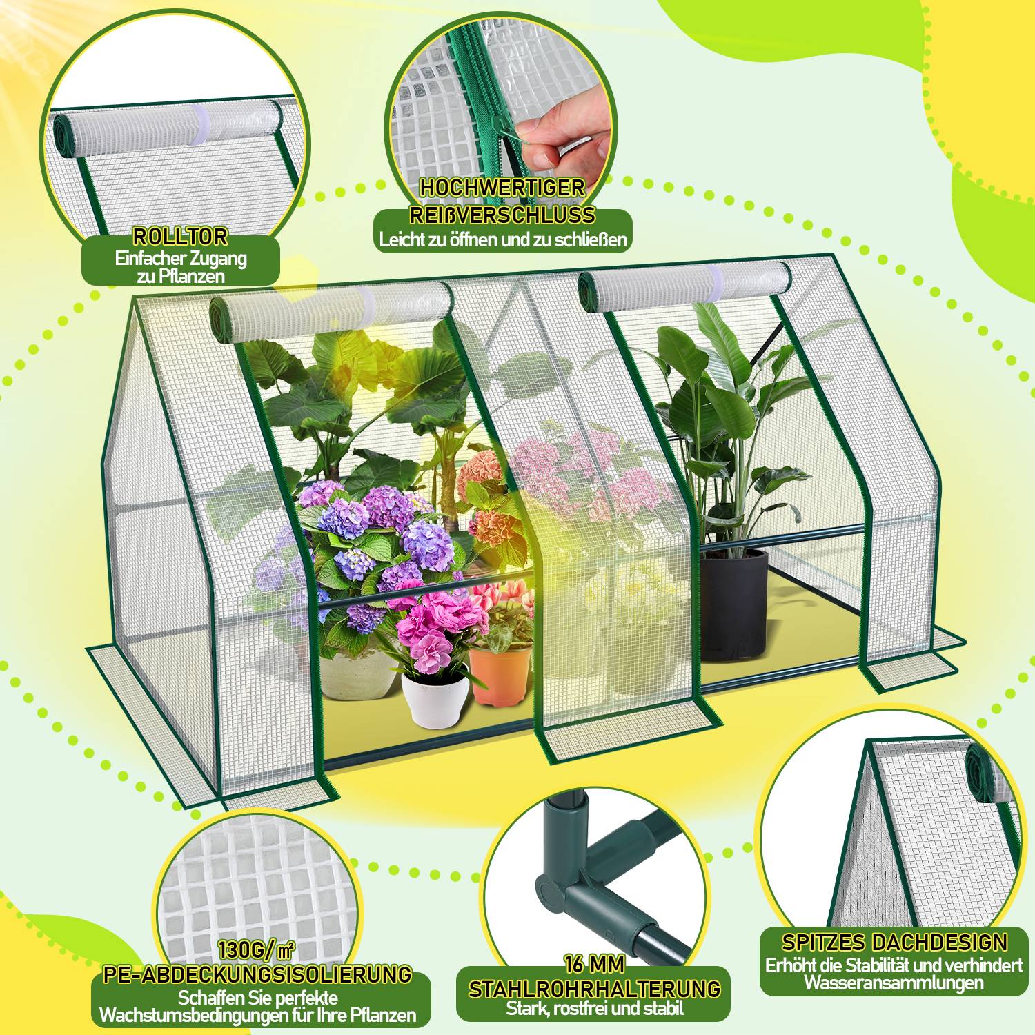 Mini Gewächshaus 180x90x90cm Foliengewächshaus für draußen Treibhaus mit Reißverschluss und 2 Fenstern Gitternetzfolie weiß