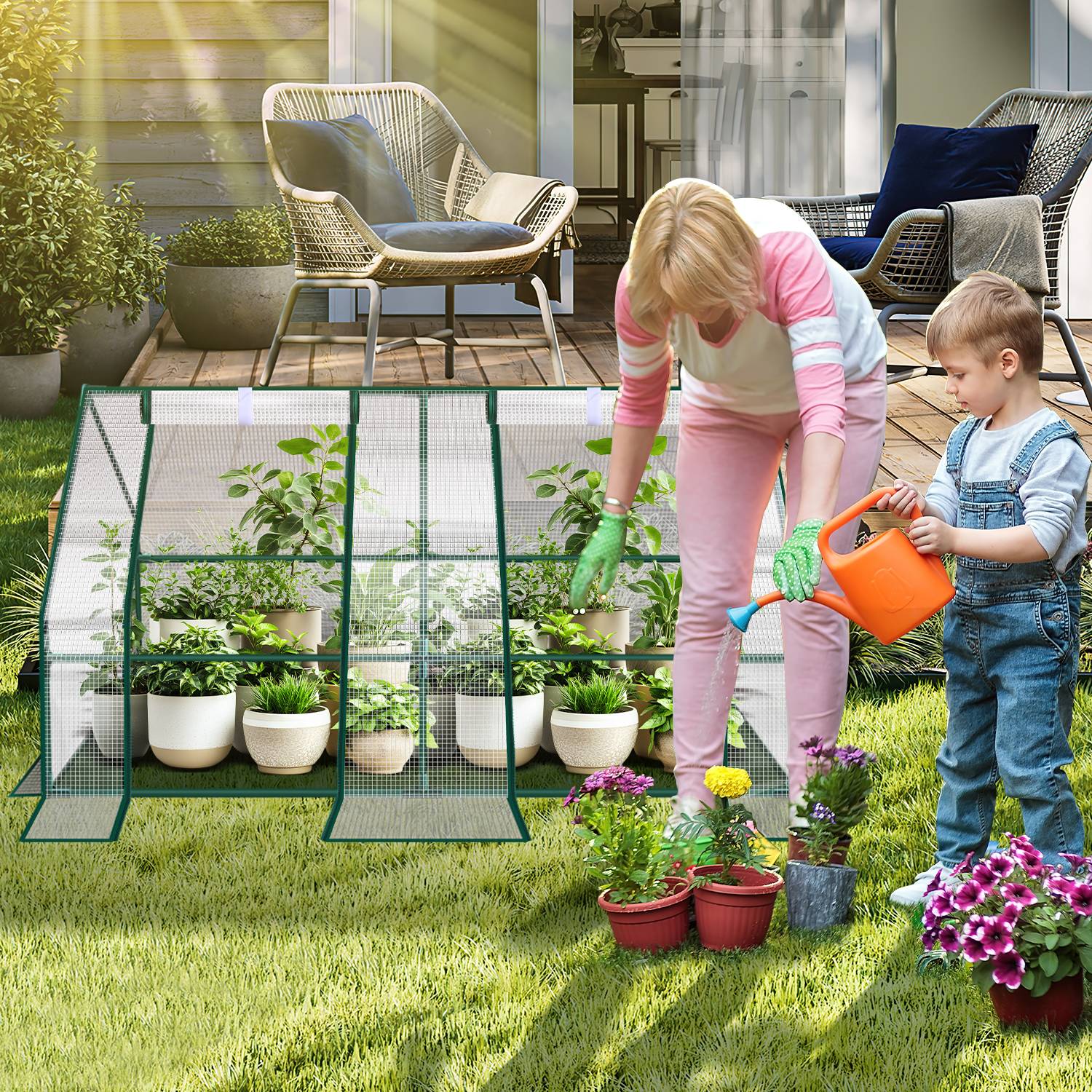 Mini Gewächshaus 180x90x90cm Foliengewächshaus für draußen Treibhaus mit Reißverschluss und 2 Fenstern Gitternetzfolie weiß