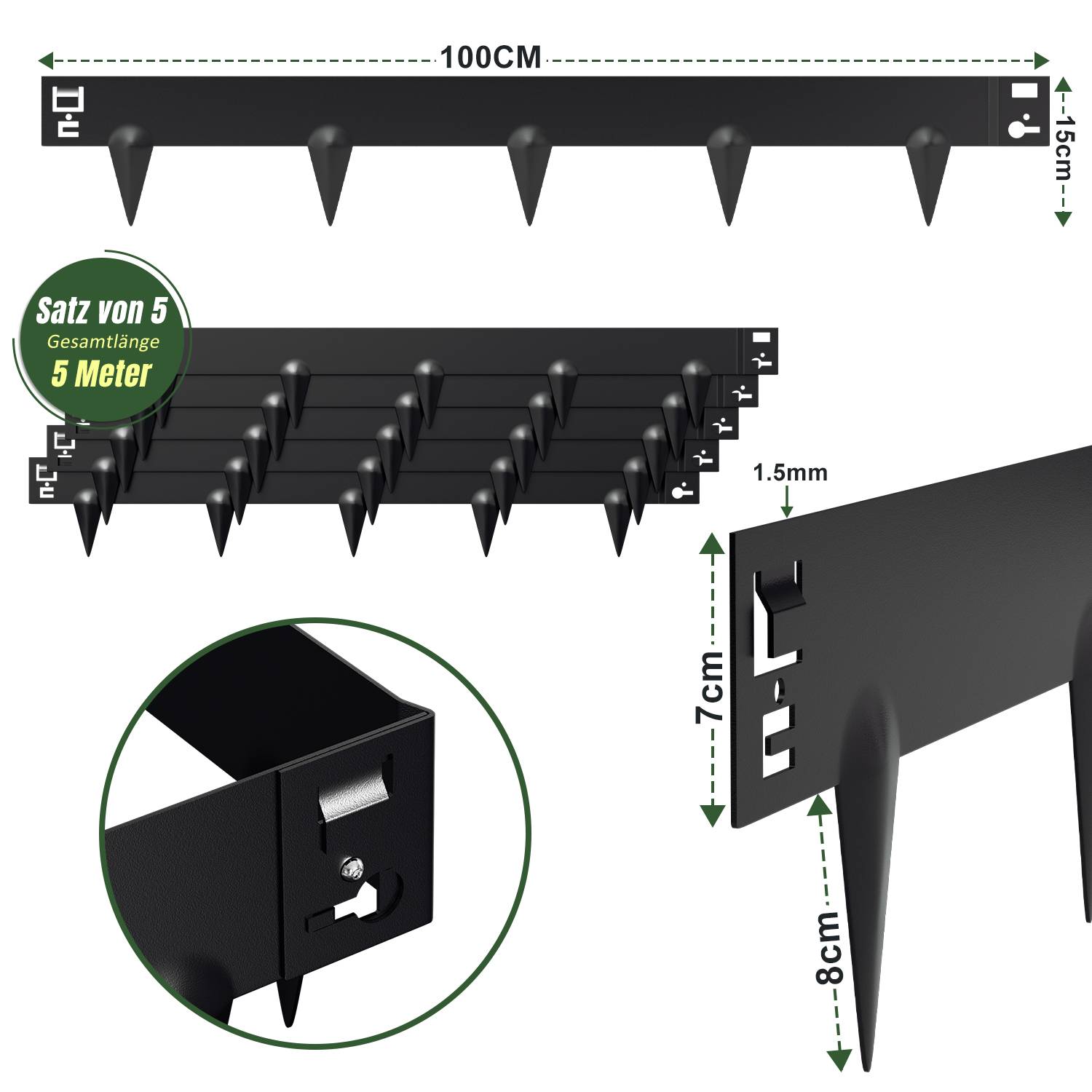 Rasenkante mit Spitzen Metall 100 x 15 cm 50m Beeteinfassung Mähkante Verzinkt Wegbegrenzung Beetumrandung Palisade Schwarz