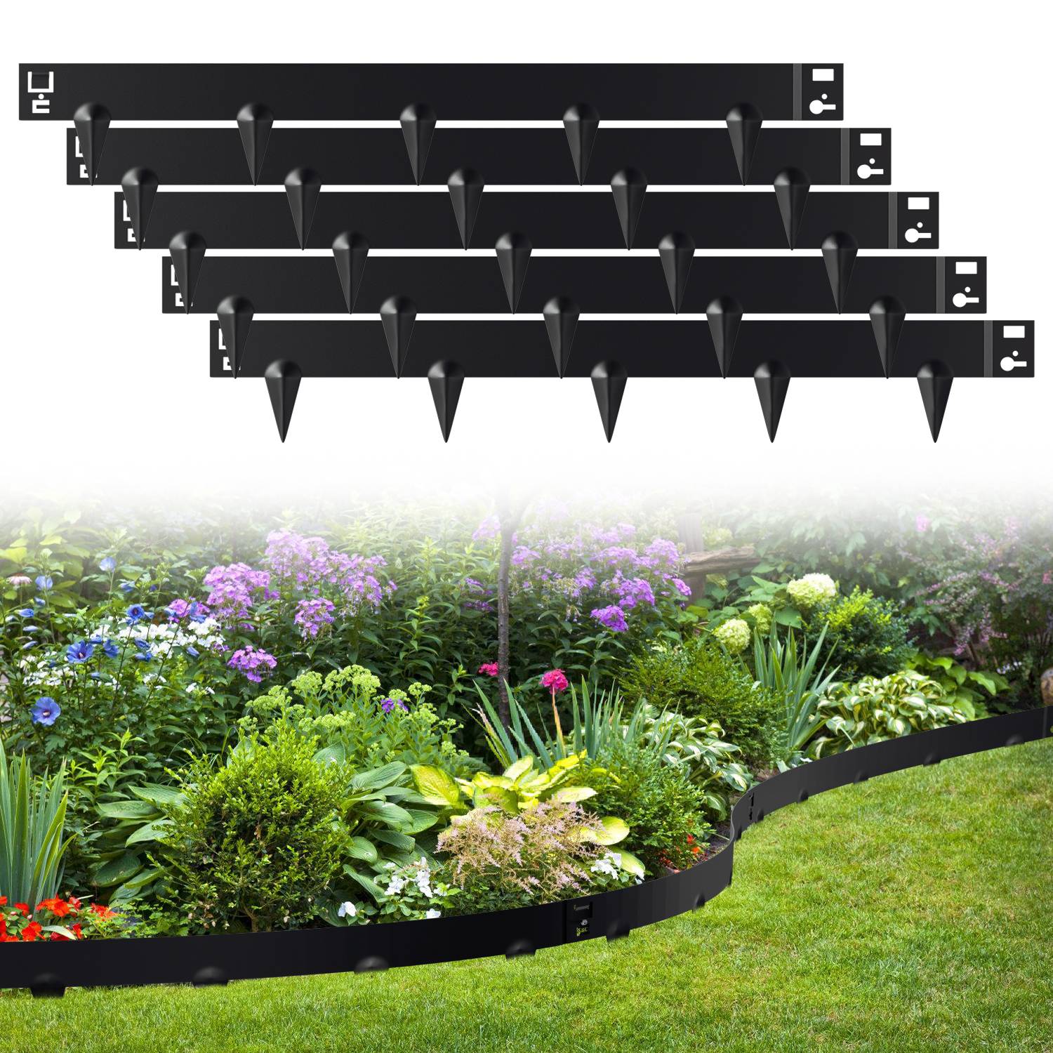 Rasenkante mit Spitzen Metall 100 x 15 cm 5m Beeteinfassung Mähkante Verzinkt Wegbegrenzung Beetumrandung Palisade Schwarz