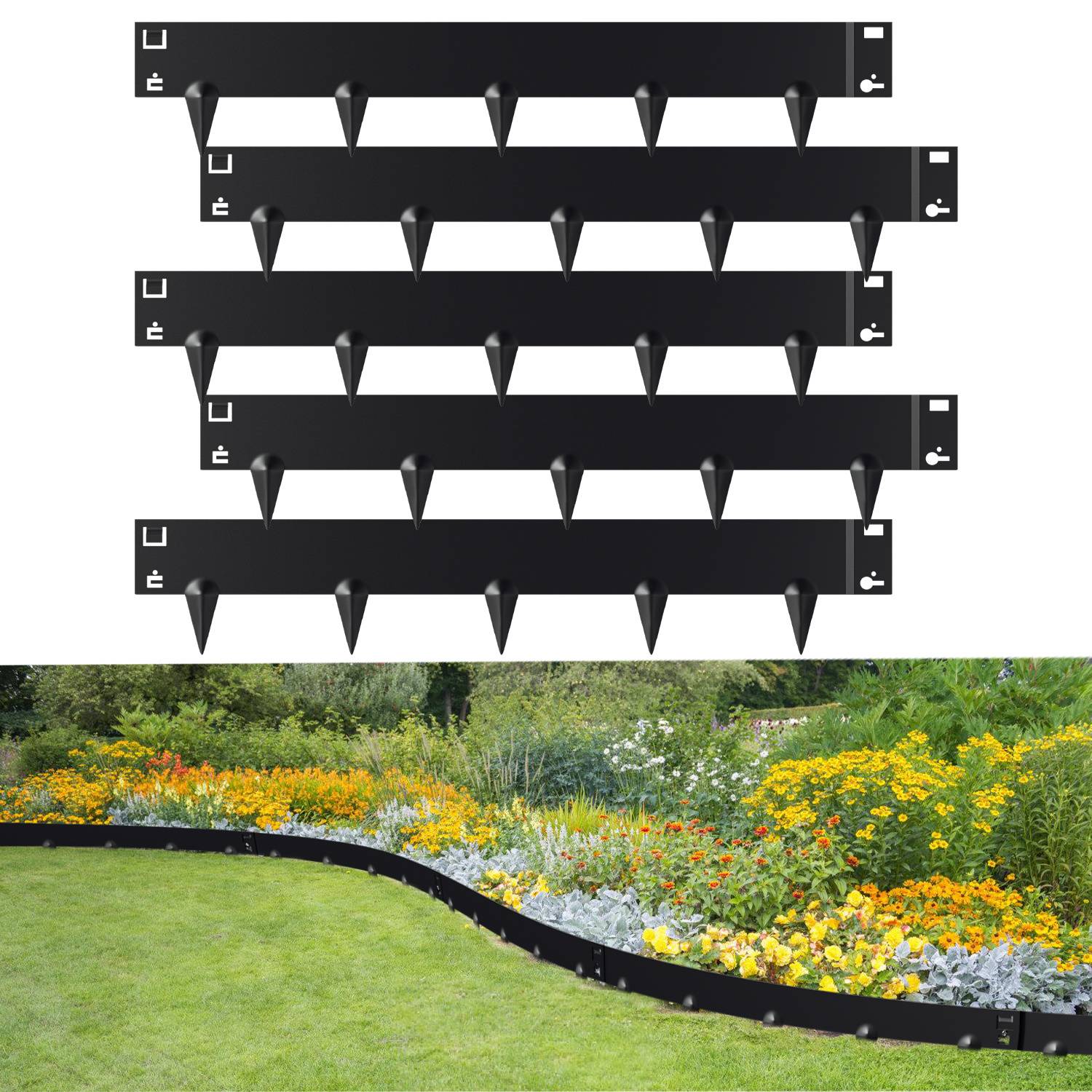 Modulare schwarze Landschaftsabgrenzungsleisten mit Einsatzspitzen, oben gezeigt an einer gekrümmten Gartengrenze, die Rasen von farbenfrohen Blumenbeeten trennt.