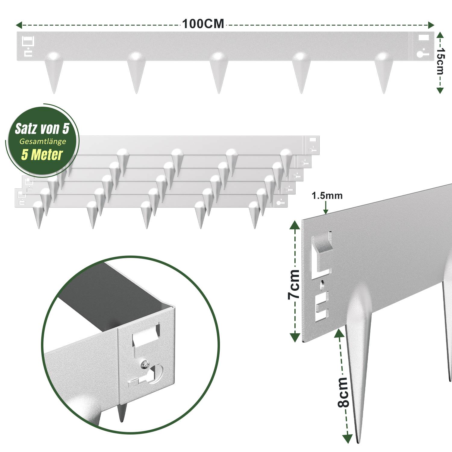 Rasenkante Schnecken Abwehr Verzinkt Blumenzaun Trennrand Gartenumrandung Stahl 100x15cm 60m Silber