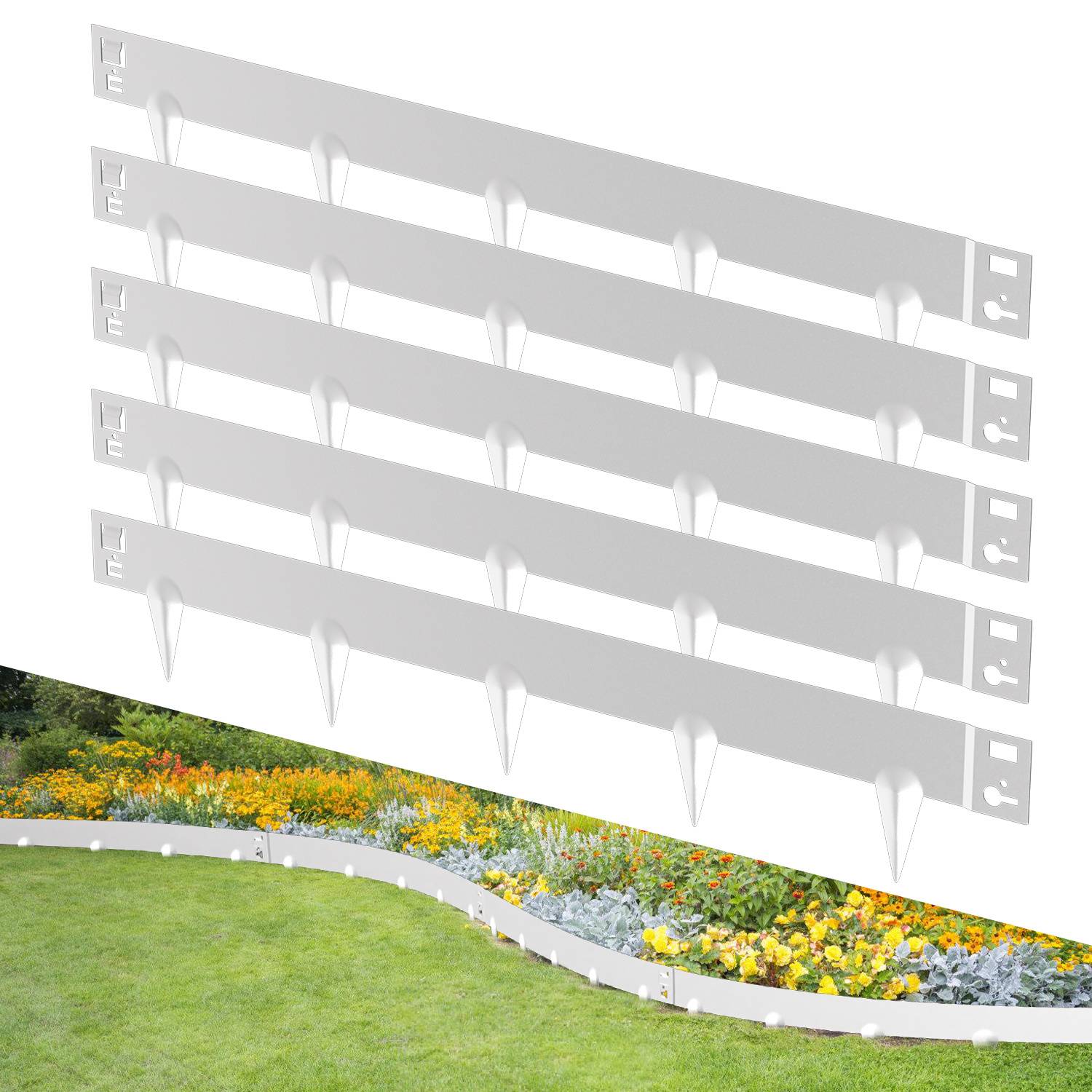 Vier ineinandergreifende weiße Kunststoff-Garteneinfassungsstreifen mit Spitzen, oben über einem gekrümmten angelegten Blumenbeet und Rasen gezeigt, was die Installation in einem Gartenborder veranschaulicht.