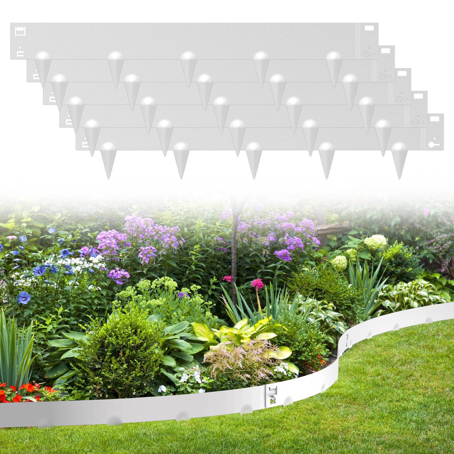 Rasenkante mit Spitzen Metall 100 x 18 cm 10m Beeteinfassung Mähkante Verzinkt Wegbegrenzung Beetumrandung Palisade Silber
