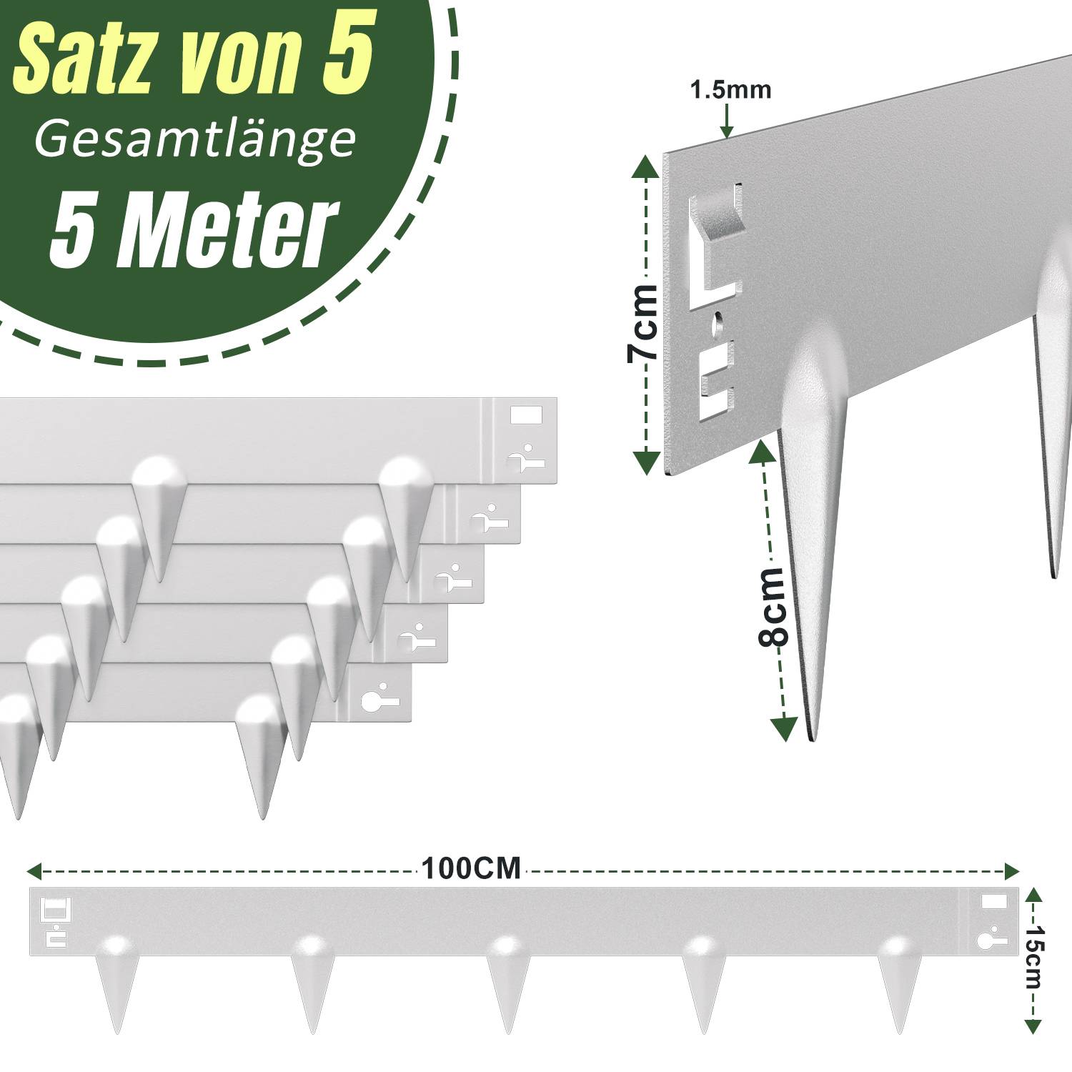 Rasenkante mit Spitzen Metall 100 x 15 cm 35m Beeteinfassung Mähkante Verzinkt Wegbegrenzung Beetumrandung Palisade Silber