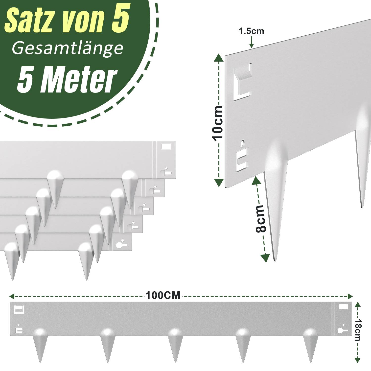 Rasenkante mit Spitzen Metall 100 x 18 cm 15m Beeteinfassung Mähkante Verzinkt Wegbegrenzung Beetumrandung Palisade Silber