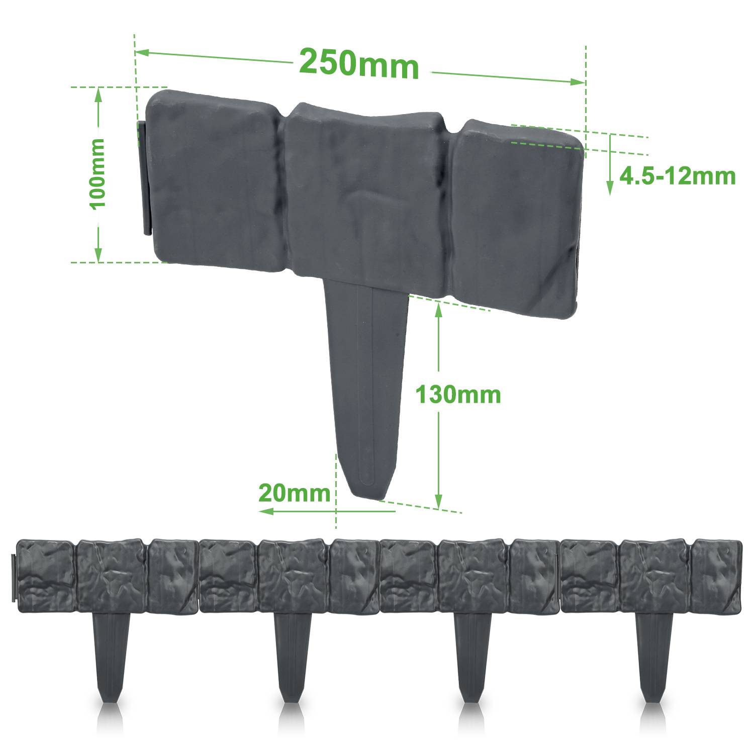 70 Stück Rasenkante Steinoptik Beeteinfassung Mähkante Beetumrandung Kunststoff für Garten, Wiese 17,5m Anthrazit