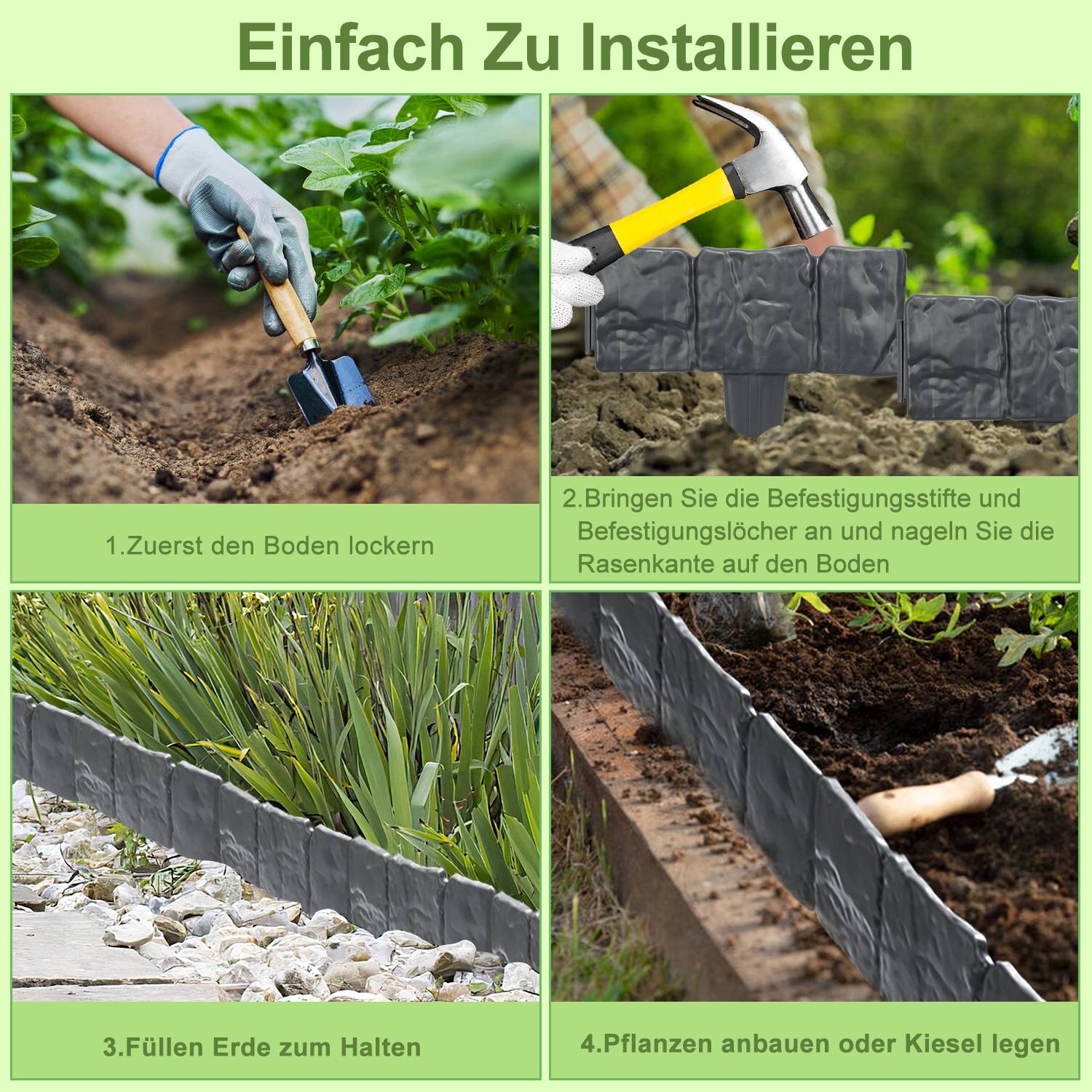 60 Stück Rasenkante Steinoptik Beeteinfassung Mähkante Beetumrandung Kunststoff für Garten, Wiese 15m Anthrazit