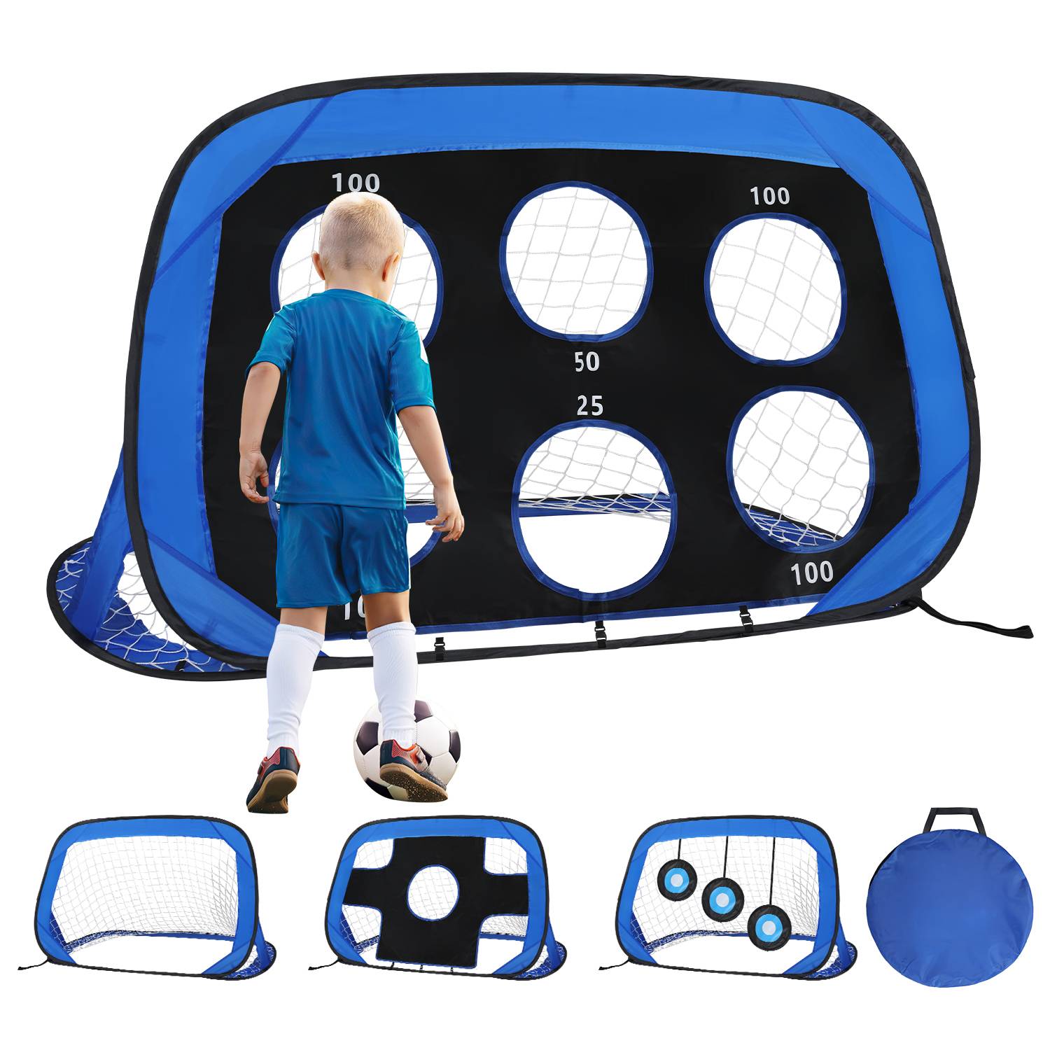 Fußballtor 4-in-1 mit Torwand für Kinder Pop-Up Fußballtor Faltbar inkl Tragetasche & Bodennägel 120x80x80cm (1 St.)