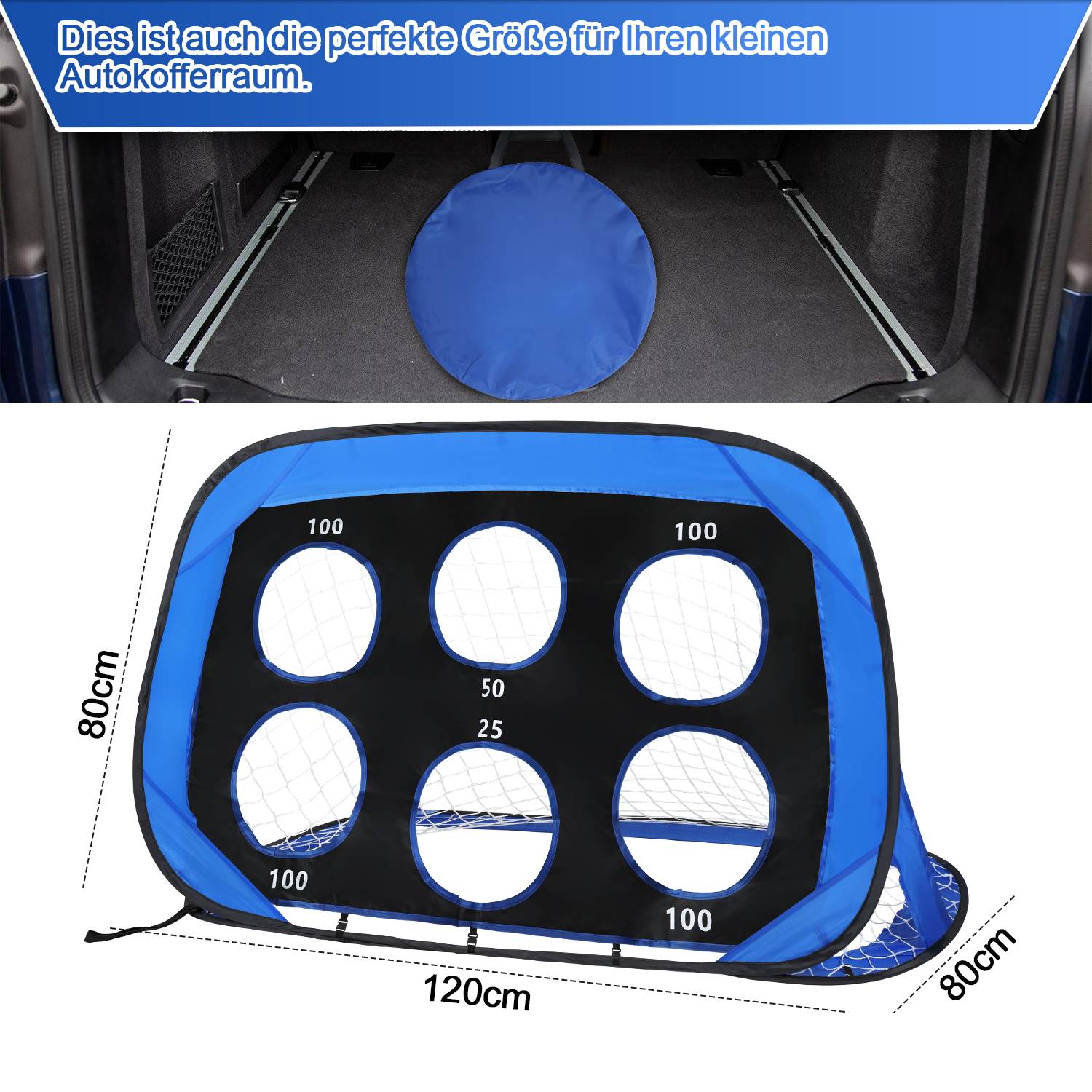 Fußballtor 4-in-1 mit Torwand für Kinder Pop-Up Fußballtor Faltbar inkl Tragetasche & Bodennägel 120x80x80cm (1 St.)