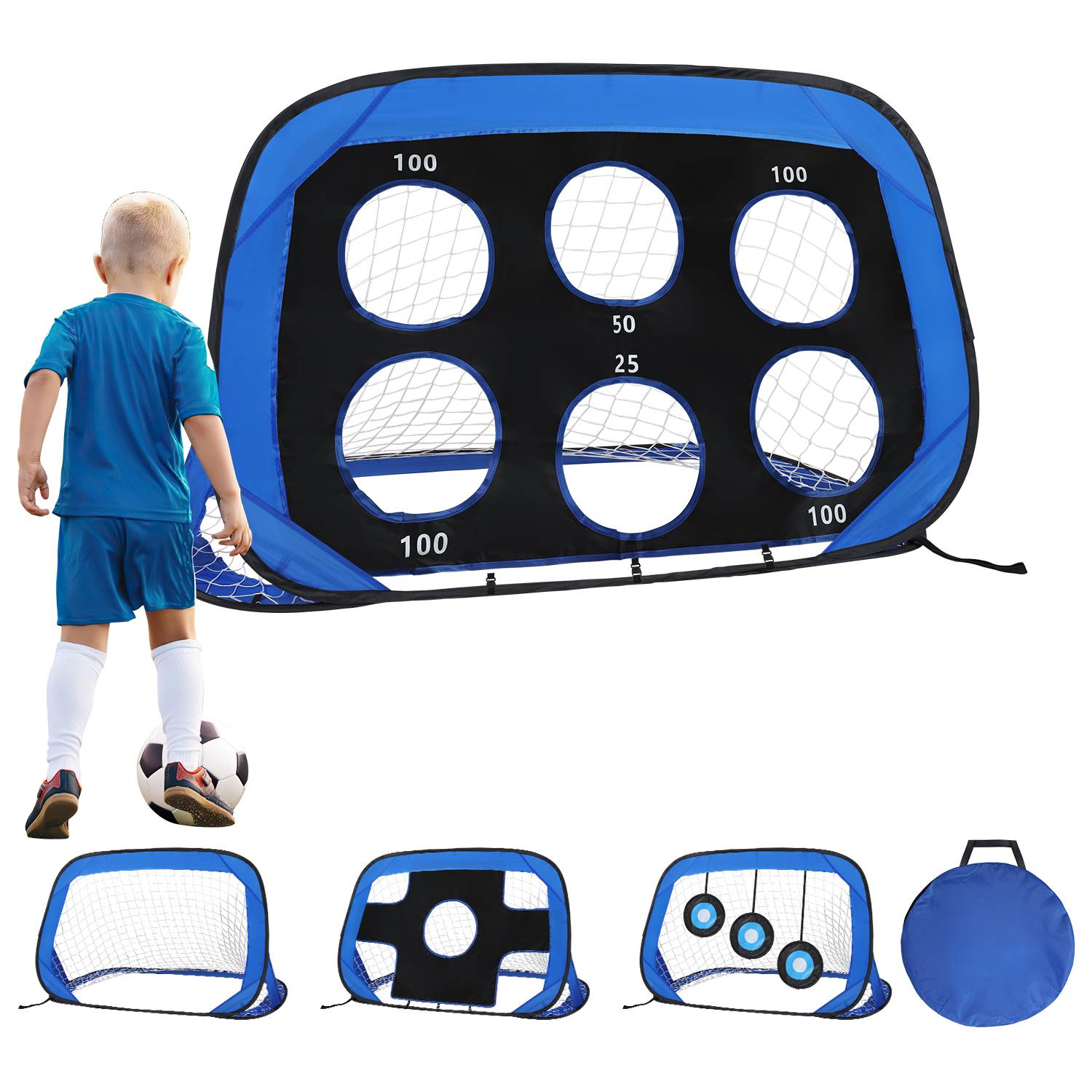 Fußballtor 4-in-1 mit Torwand für Kinder Pop-Up Fußballtor Faltbar inkl Tragetasche & Bodennägel 120x80x80cm (2 St.)