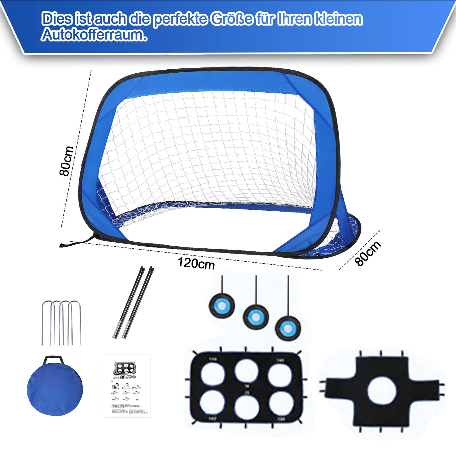 Fußballtor 4-in-1 mit Torwand für Kinder Pop-Up Fußballtor Faltbar inkl Tragetasche & Bodennägel 120x80x80cm (2 St.)