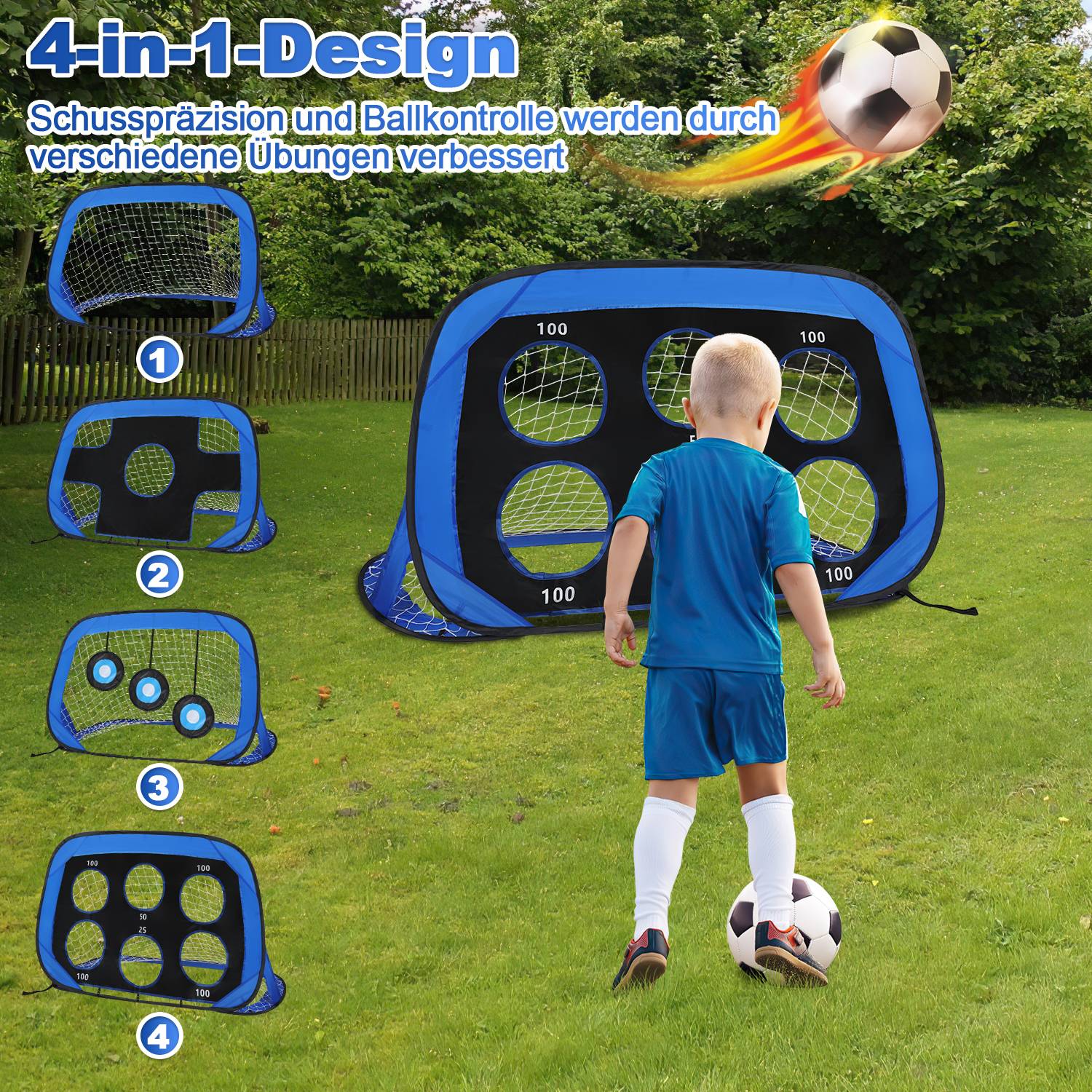 Fußballtor 4-in-1 mit Torwand für Kinder Pop-Up Fußballtor Faltbar inkl Tragetasche & Bodennägel 120x80x80cm (2 St.)