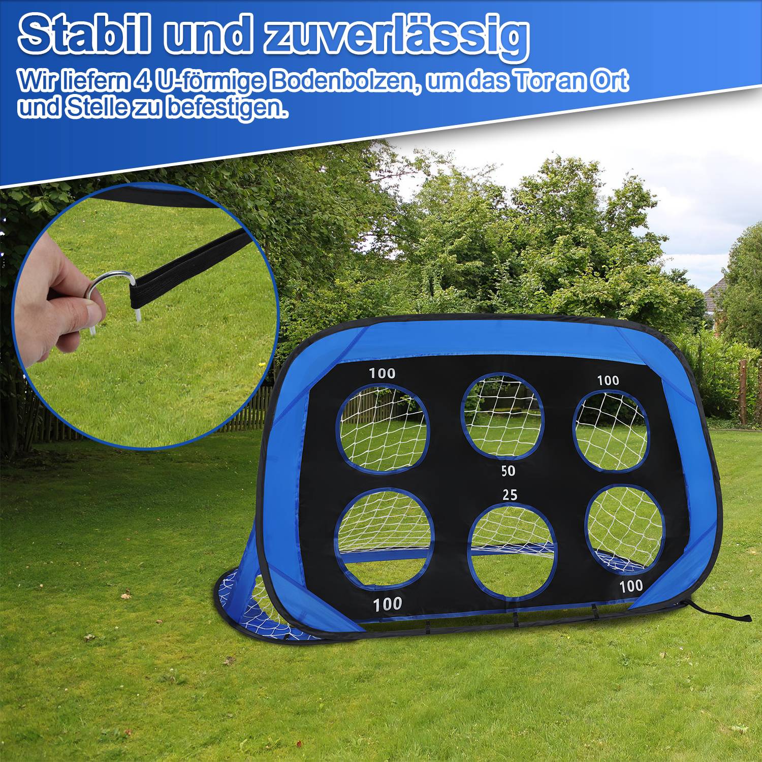 Fußballtor 4-in-1 mit Torwand für Kinder Pop-Up Fußballtor Faltbar inkl Tragetasche & Bodennägel 120x80x80cm (2 St.)