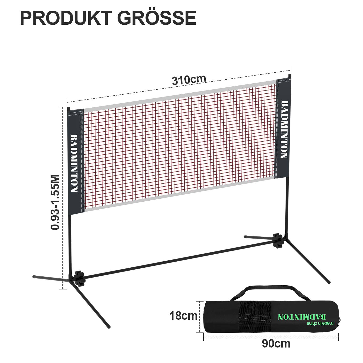 Badmintonnetz Set, Faltbares Tennisnetz, Volleyballnetz mit Transporttasche, Höhenverstellbar, Indoor & Outdoor, Höhen 93-155 cm, 310 cm