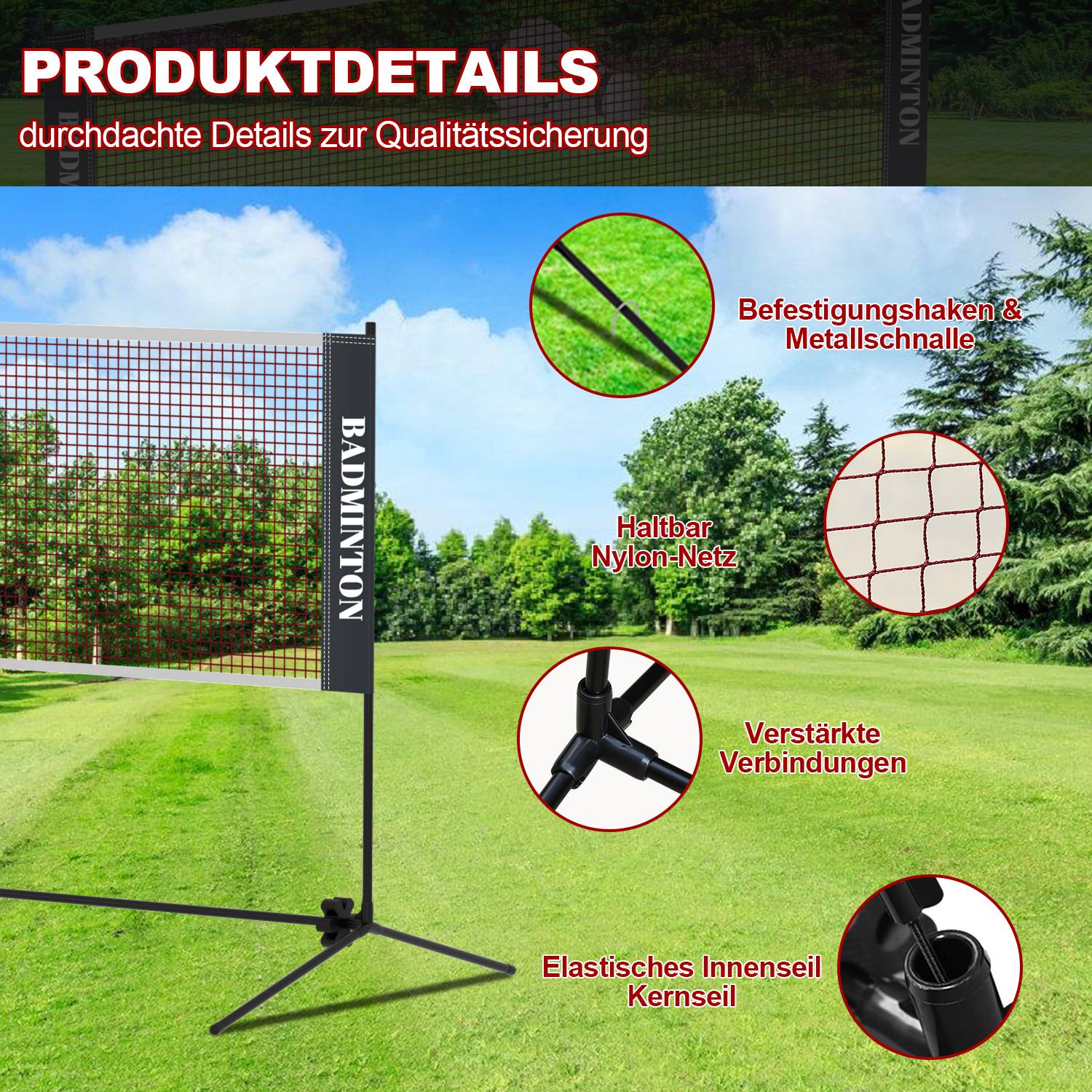 Badmintonnetz Set, Faltbares Tennisnetz, Volleyballnetz mit Transporttasche, Höhenverstellbar, Indoor & Outdoor, Höhen 93-155 cm, 310 cm