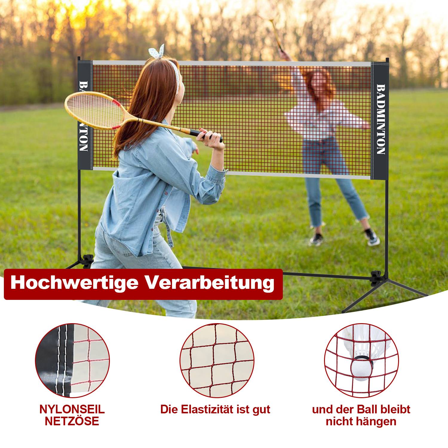 Badmintonnetz Set, Faltbares Tennisnetz, Volleyballnetz mit Transporttasche, Höhenverstellbar, Indoor & Outdoor, Höhen 93-155 cm, 410 cm