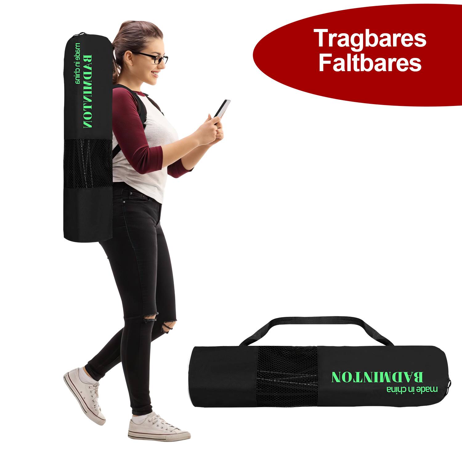 Badmintonnetz Set, Faltbares Tennisnetz, Volleyballnetz mit Transporttasche, Höhenverstellbar, Indoor & Outdoor, Höhen 93-155 cm, 310 cm