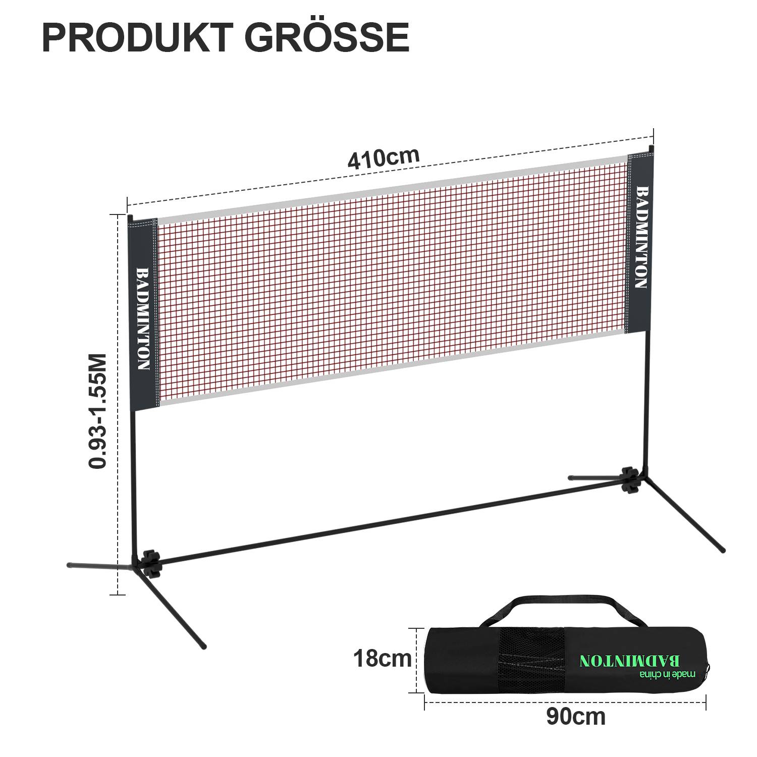 Badmintonnetz Set, Faltbares Tennisnetz, Volleyballnetz mit Transporttasche, Höhenverstellbar, Indoor & Outdoor, Höhen 93-155 cm, 410 cm