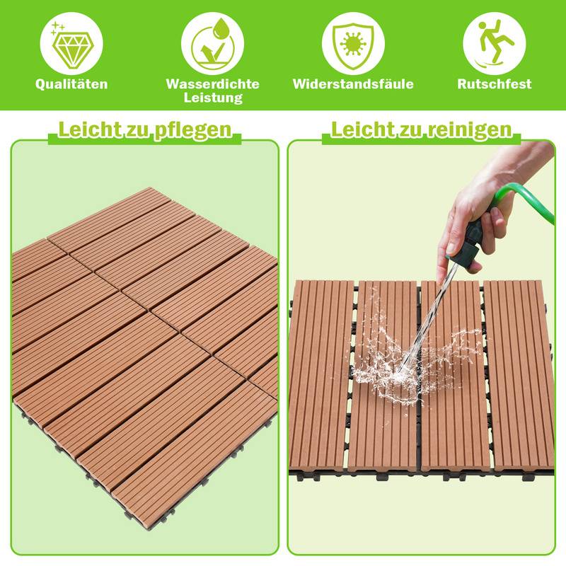 Terrassenfliesen Klickfliesen in Holzoptik, WPC Fliese，30 x 30cm, Braun, 11 Stück (1m²)