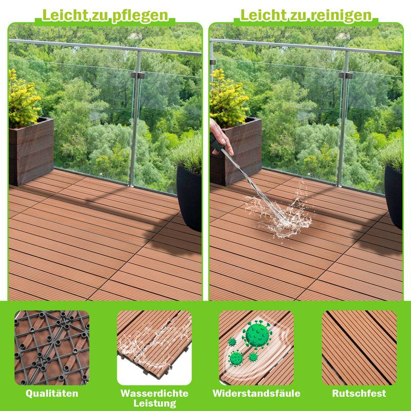 Terrassenfliesen Klickfliesen in Holzoptik, WPC Fliese，30 x 30cm, Braun, 11 Stück (1m²)