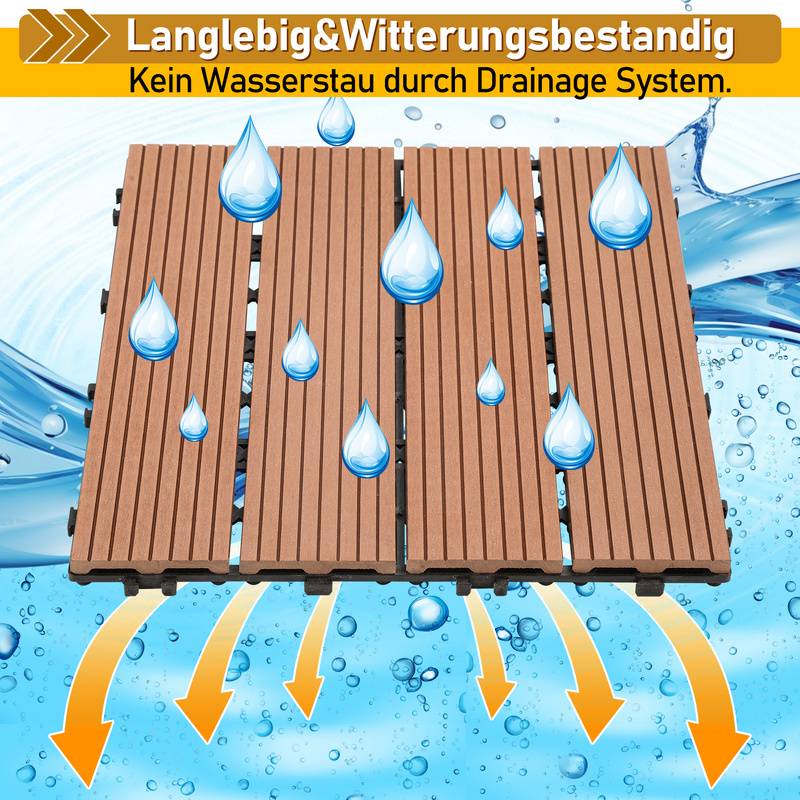 Terrassenfliesen Klickfliesen in Holzoptik, WPC Fliese，30 x 30cm, Braun, 55 Stück (5m²)