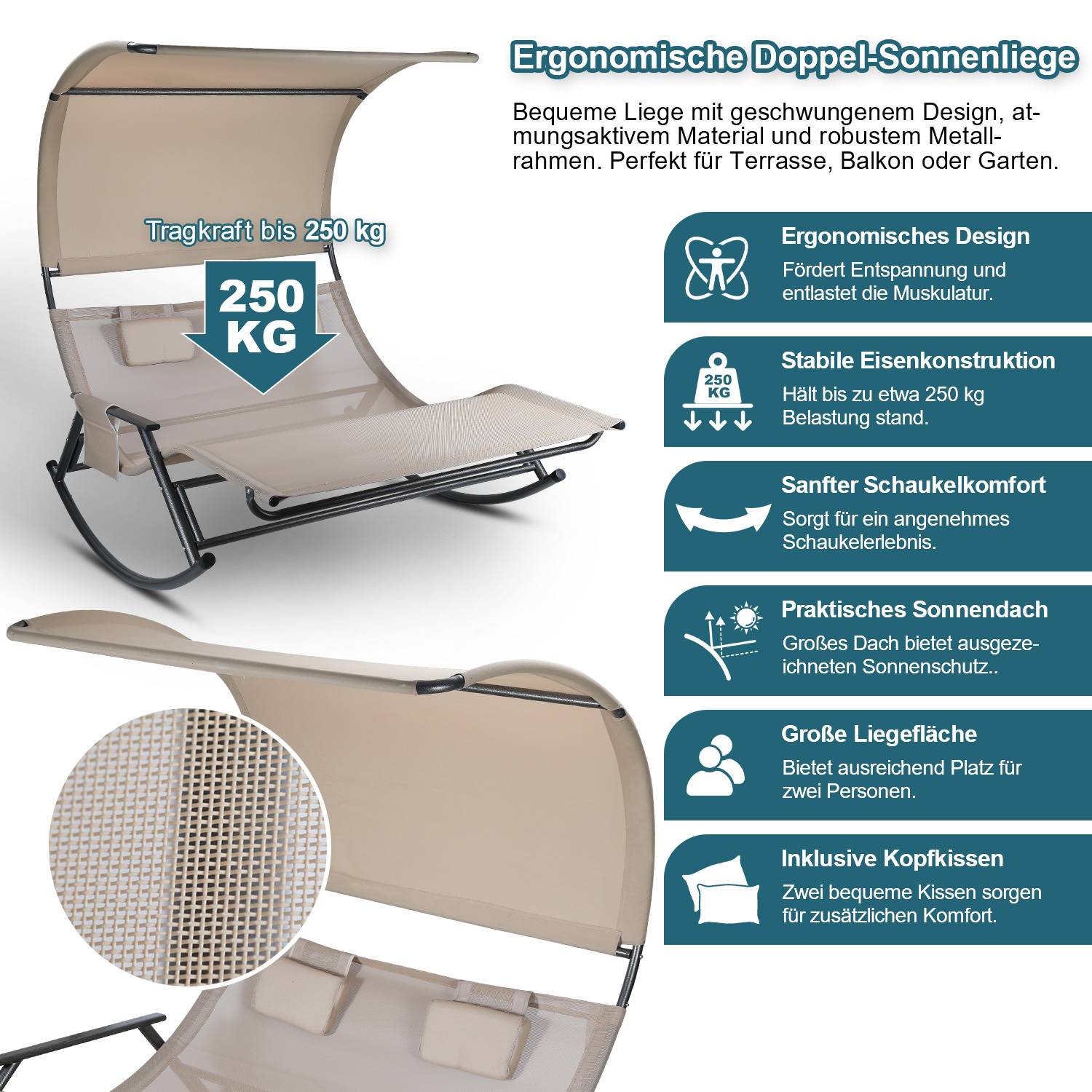 Doppel Sonnenliegec Doppelliege Gartenbett Relaxliege Belastbarkeit Sonnenliege mit Sonnendach&Kopfkissen Garden Stahl für Camping Beige