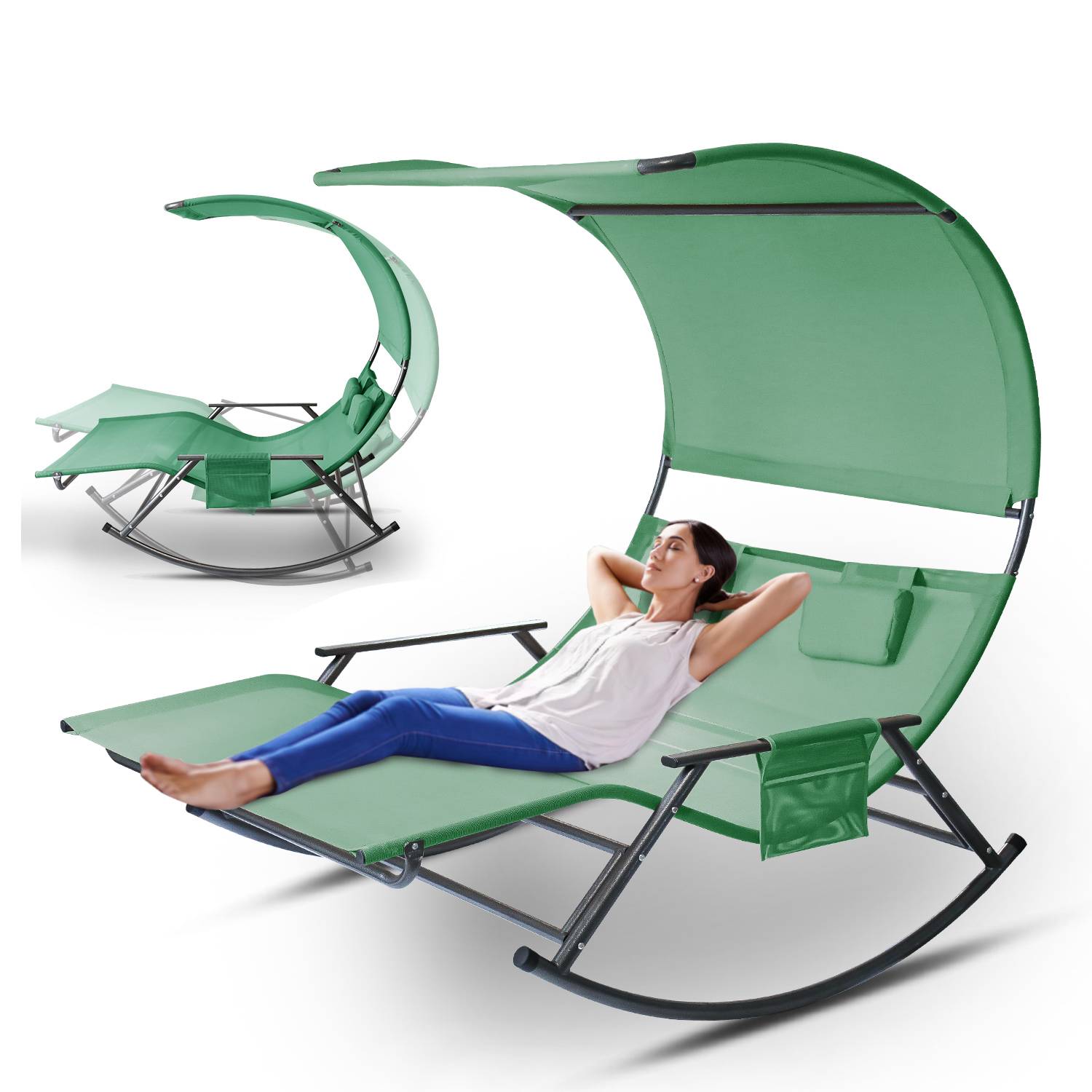 Doppel Sonnenliegec Doppelliege ergonomischGebogenes Design für 2 Personen Sonnenliege Gartenbett mit Sonnendach Garden wetterfest 250kg max. Grün