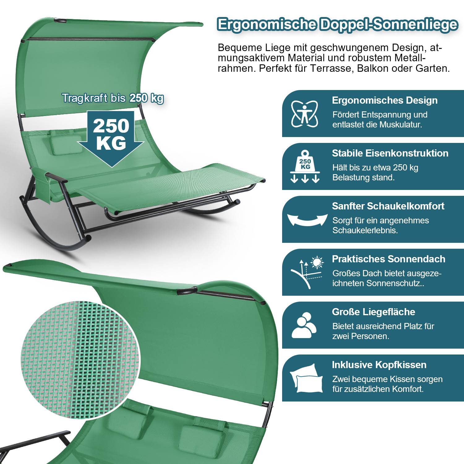 Doppel Sonnenliegec Doppelliege ergonomischGebogenes Design für 2 Personen Sonnenliege Gartenbett mit Sonnendach Garden wetterfest 250kg max. Grün