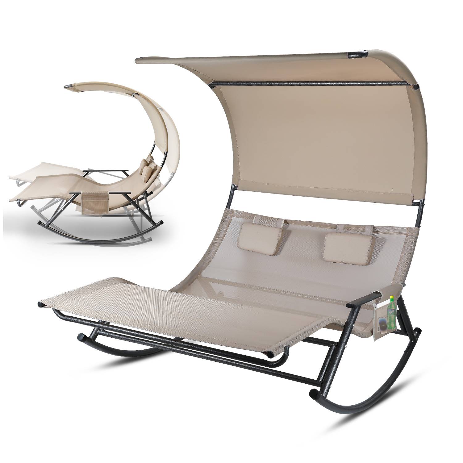 Doppel Sonnenliegec Doppelliege Gartenbett Relaxliege Belastbarkeit Sonnenliege mit Sonnendach&Kopfkissen Garden Stahl für Camping Beige